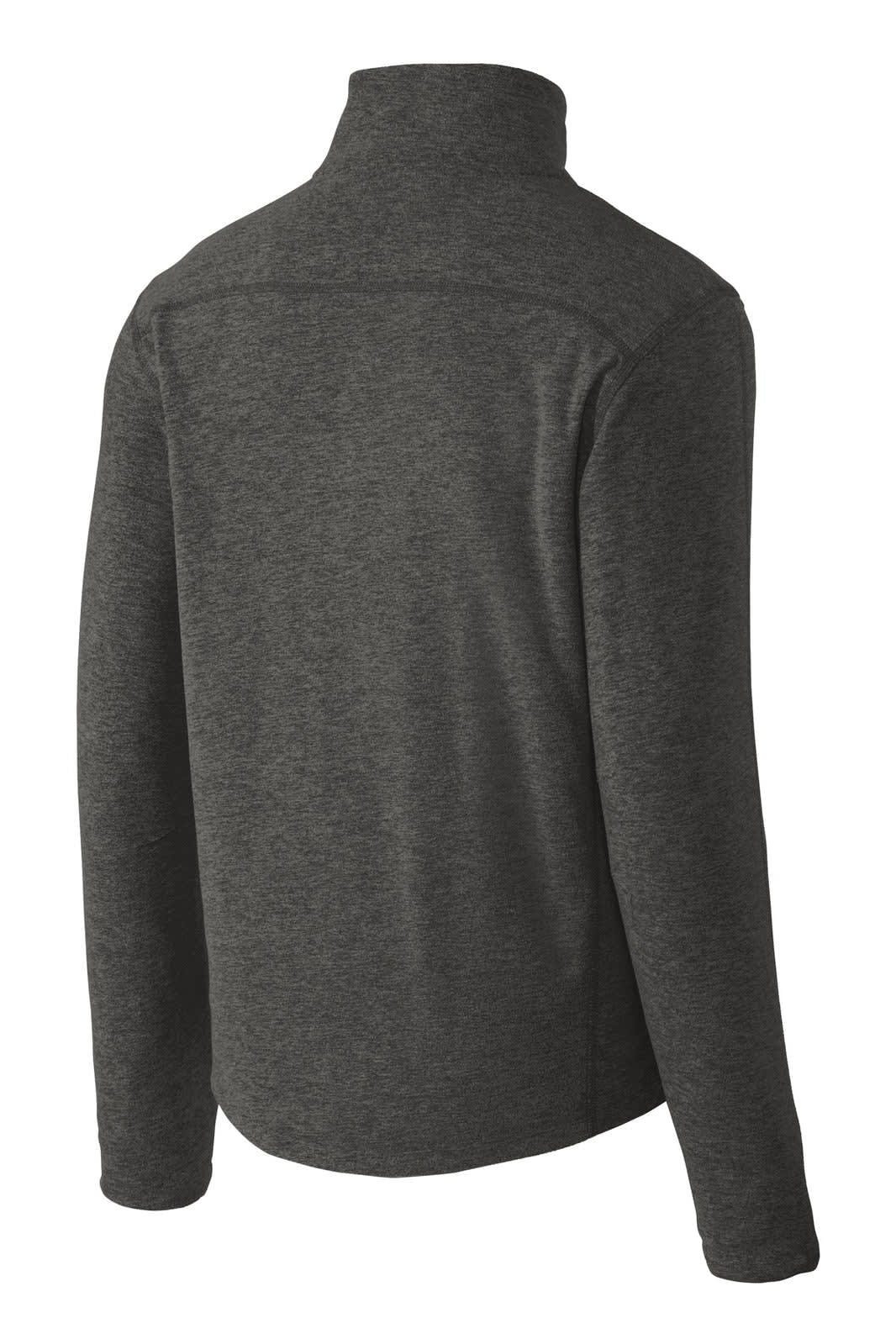 A grey full-zip microfleece jacket featuring a high collar and long sleeves, with a logo on the back.