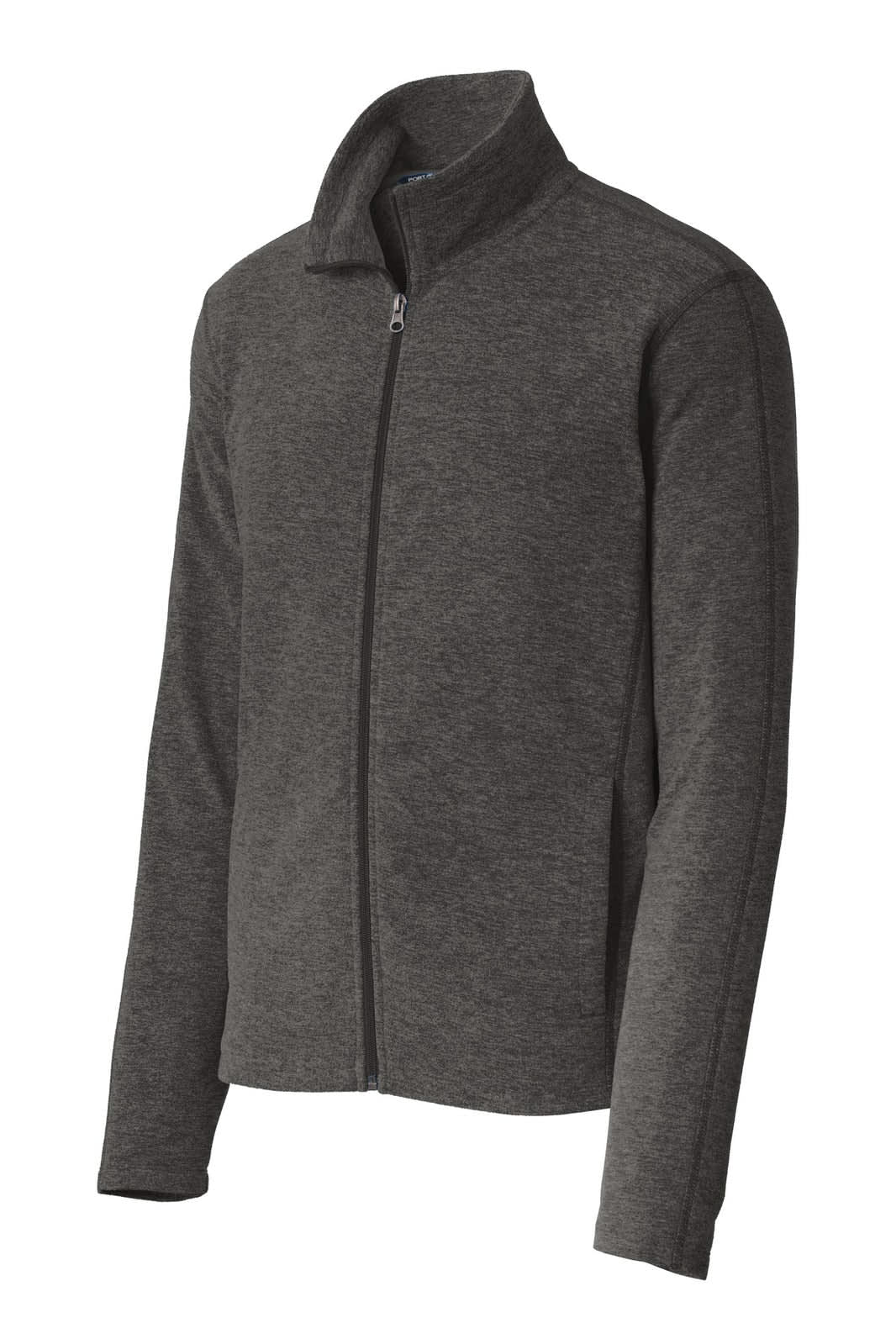 A grey full-zip microfleece jacket with a stand collar and long sleeves, featuring a logo.