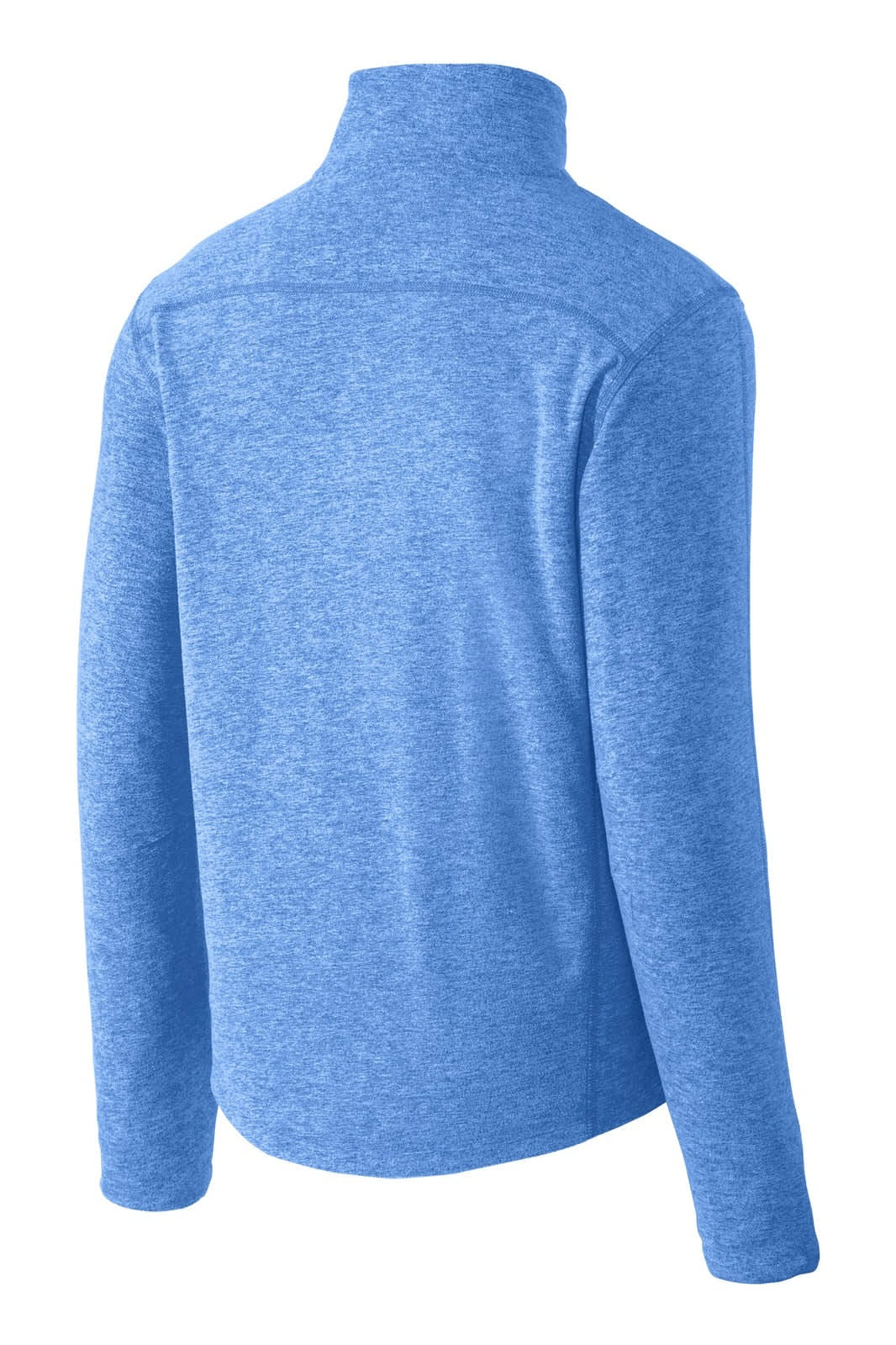 A blue heather microfleece full-zip jacket with a high collar and long sleeves, featuring a logo on the back.