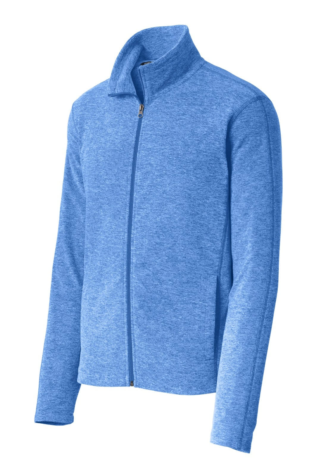 A blue heather microfleece full-zip jacket, featuring long sleeves and a high collar, with a logo on it.