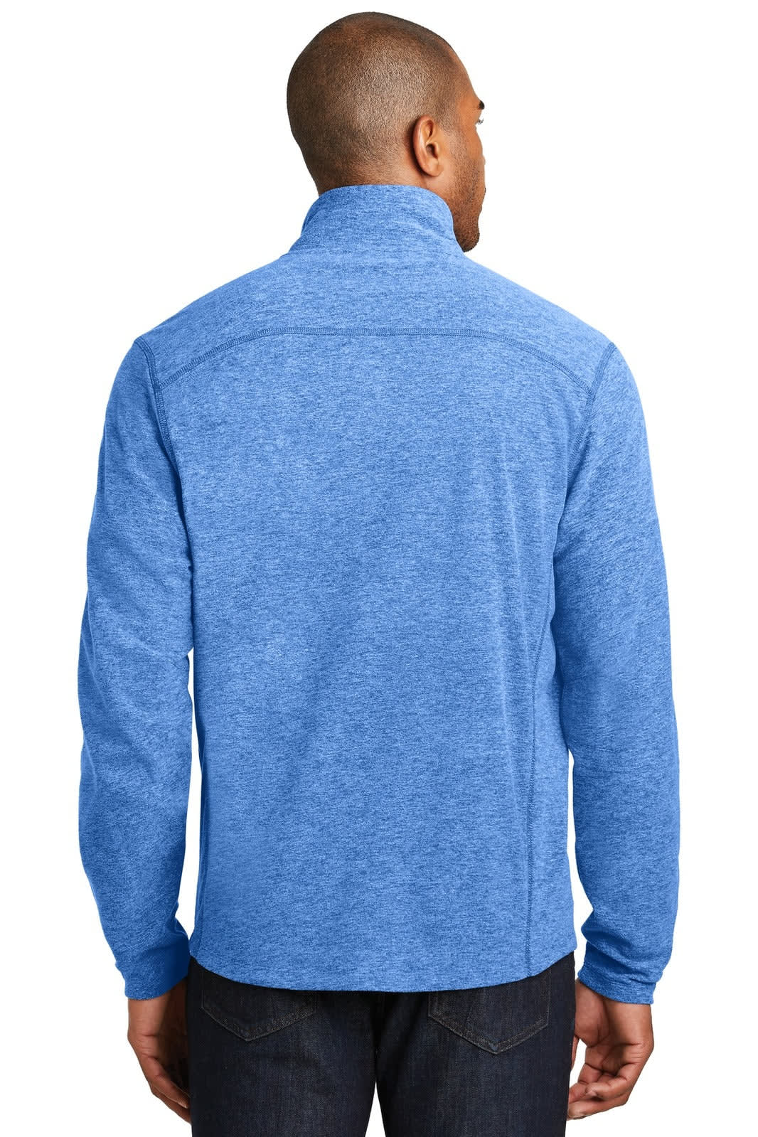 A blue Port Authority Heather Microfleece Full-Zip Jacket featuring a high collar and a subtle logo on the back.