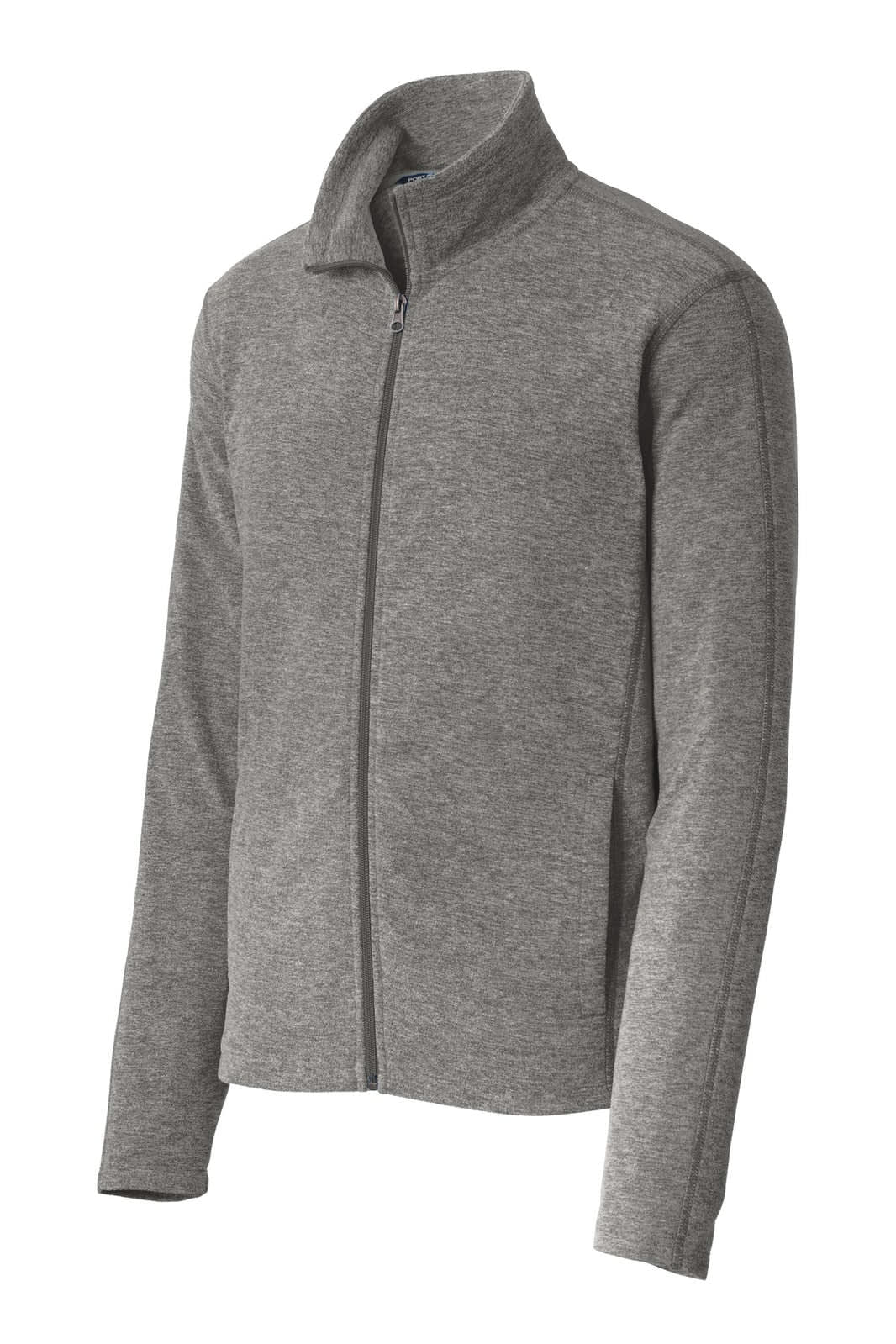 A grey microfleece full-zip jacket with a collar and long sleeves, featuring a logo on the front.