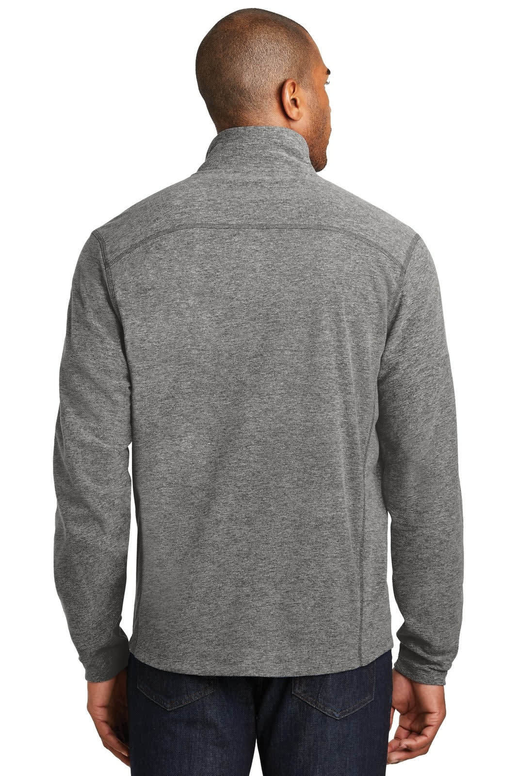 A grey full-zip jacket with a high collar, featuring a logo on the back, designed for warmth and comfort.