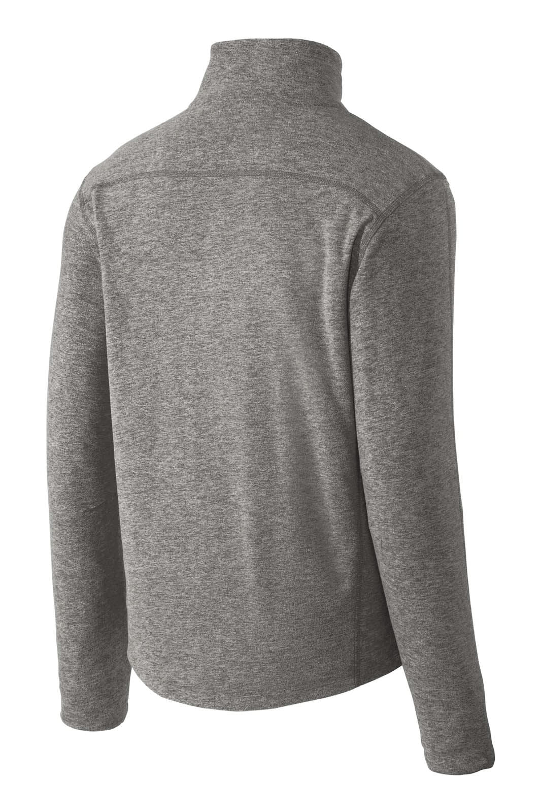 A grey microfleece full-zip jacket with a high collar and long sleeves, featuring a branding logo.