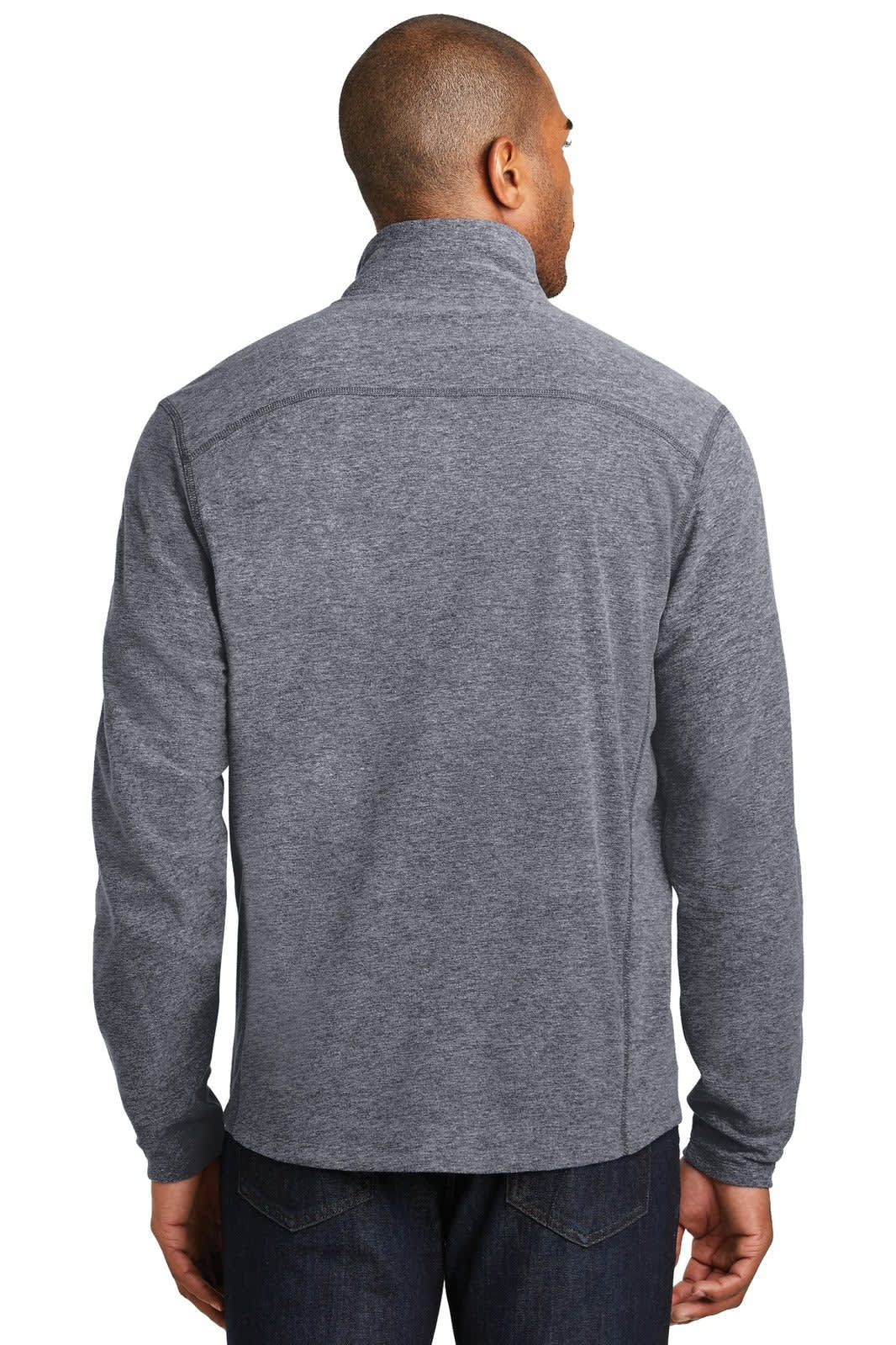 A full-zip jacket in heather grey, featuring a collar and long sleeves. It has a logo on the back.