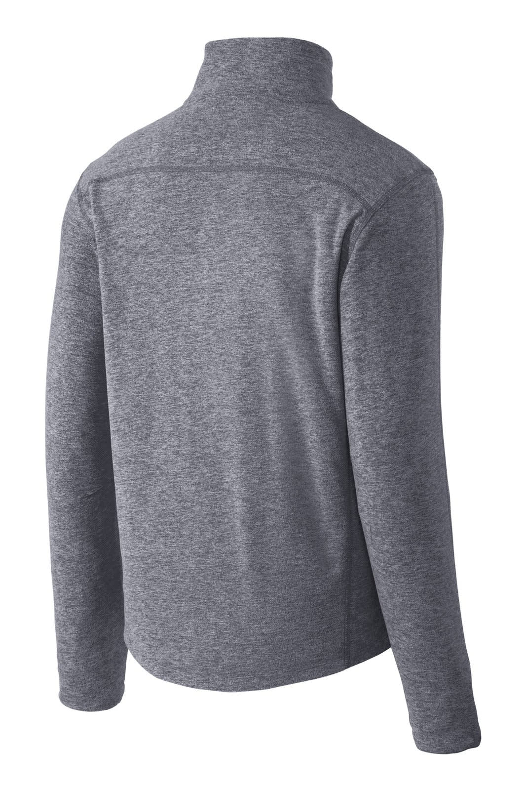 A grey microfleece full-zip jacket with a high collar and back view. It features a branding logo.