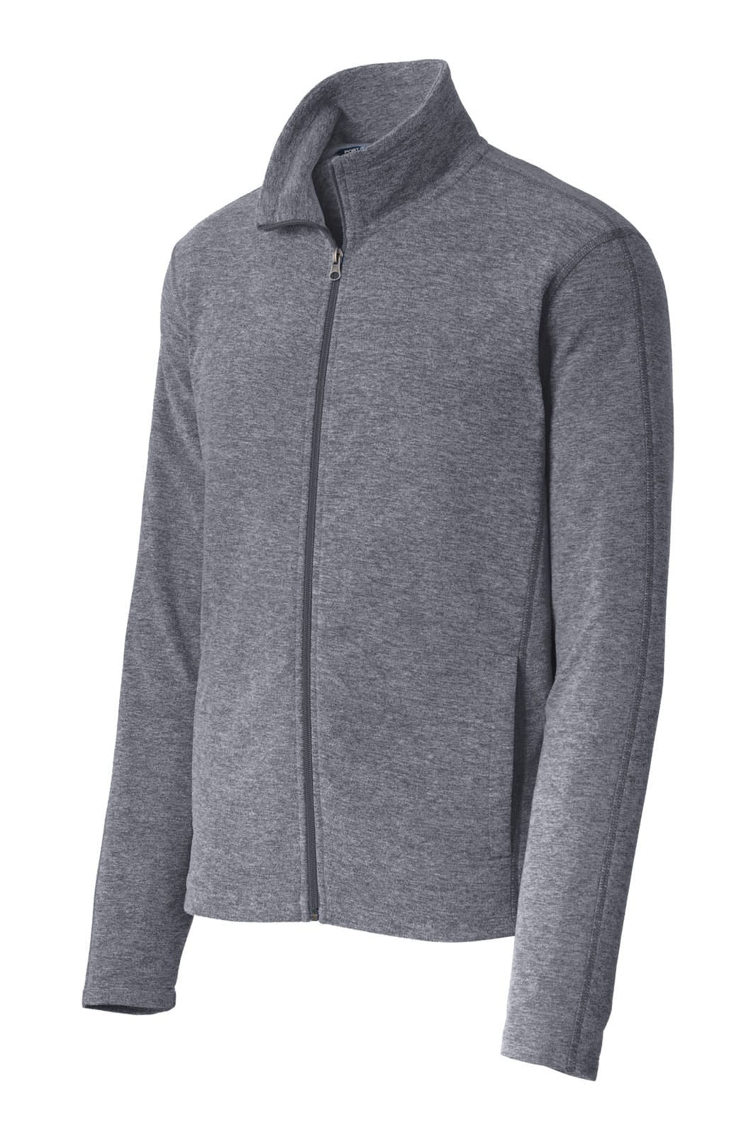 A grey microfleece full-zip jacket with a collar and long sleeves, featuring a logo on the chest.