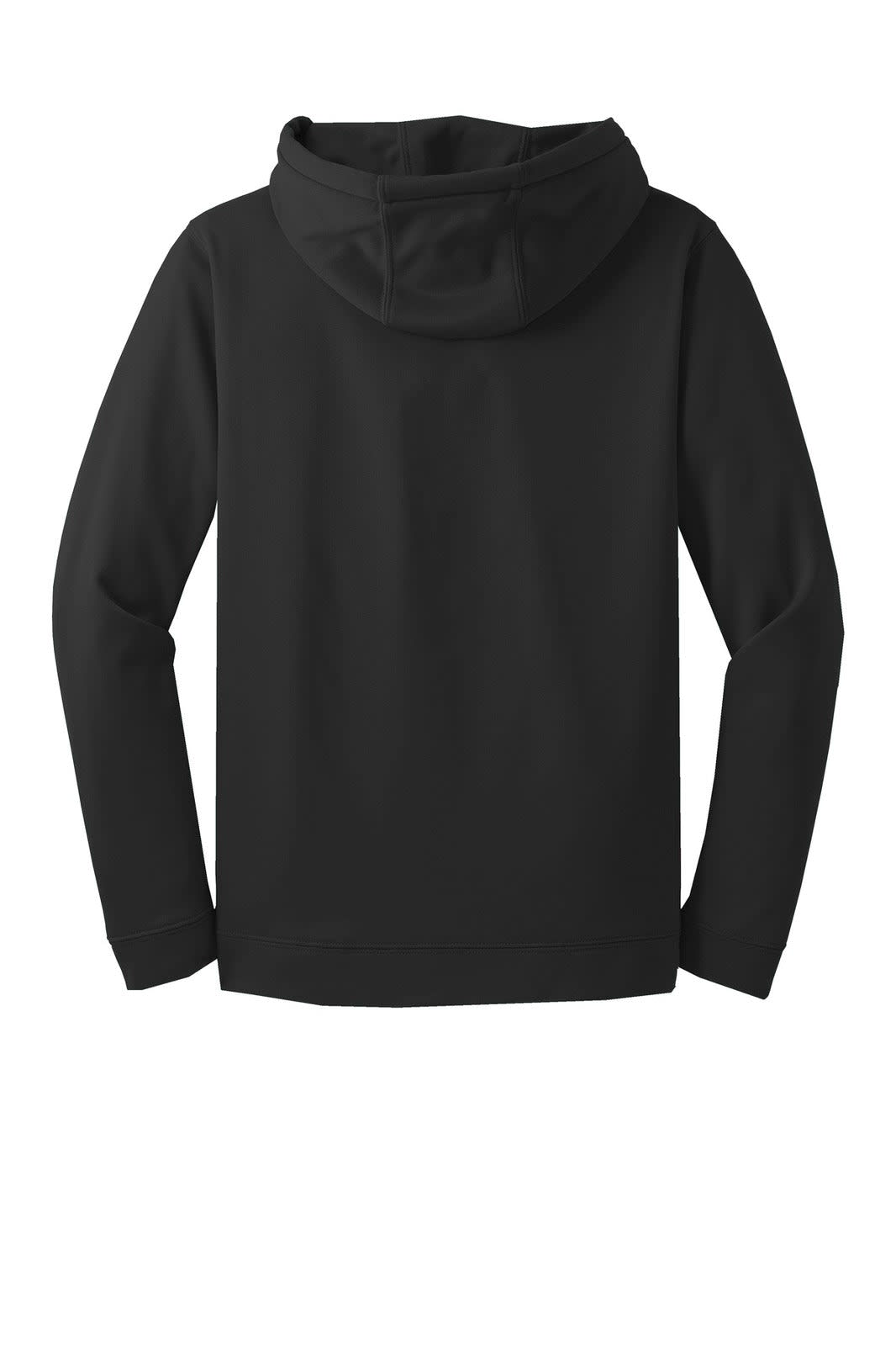 A black hooded pullover made of fleece with a sleek design and a logo on the back.