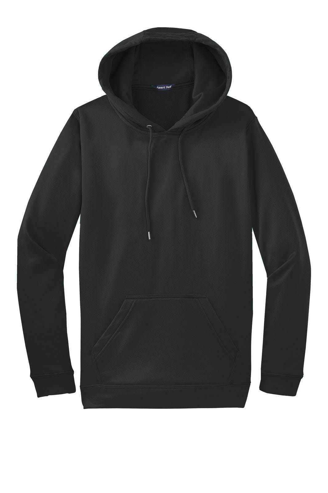 A black hooded pullover made from Sport-Tek Sport-Wick fleece, featuring a front pouch pocket and a branded logo.