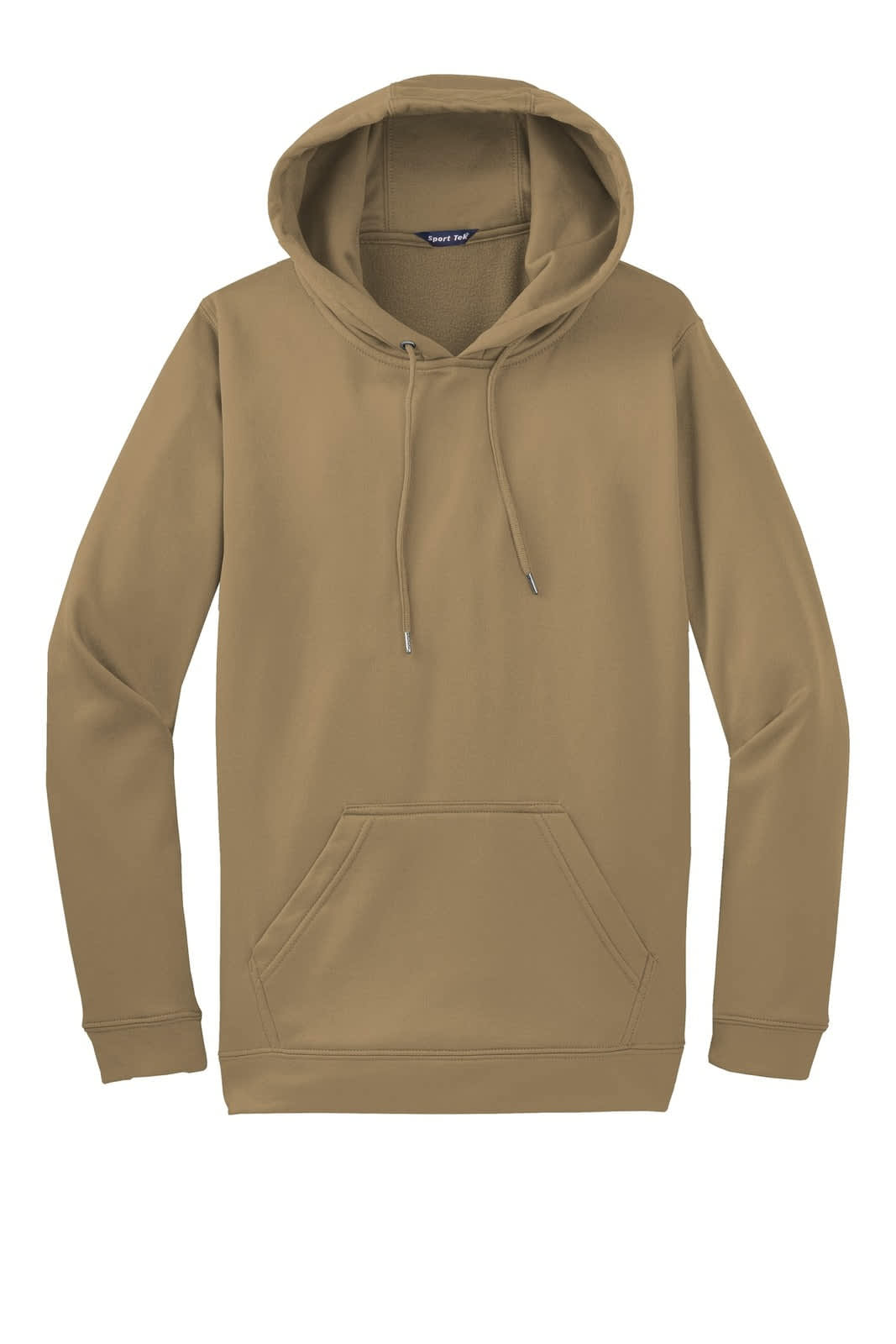 A beige Sport-Tek Sport-Wick fleece hooded pullover with a front pocket and a drawstring hood.
