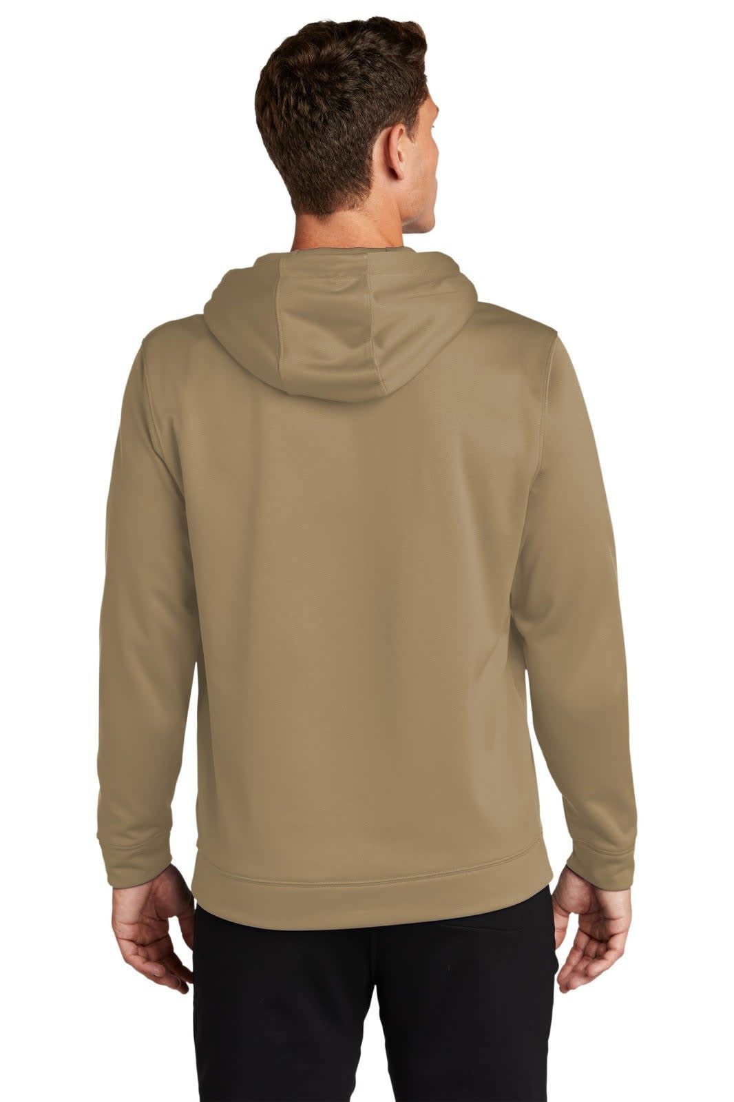 A hooded pullover in khaki with a back view, featuring a simple design and a branding logo.