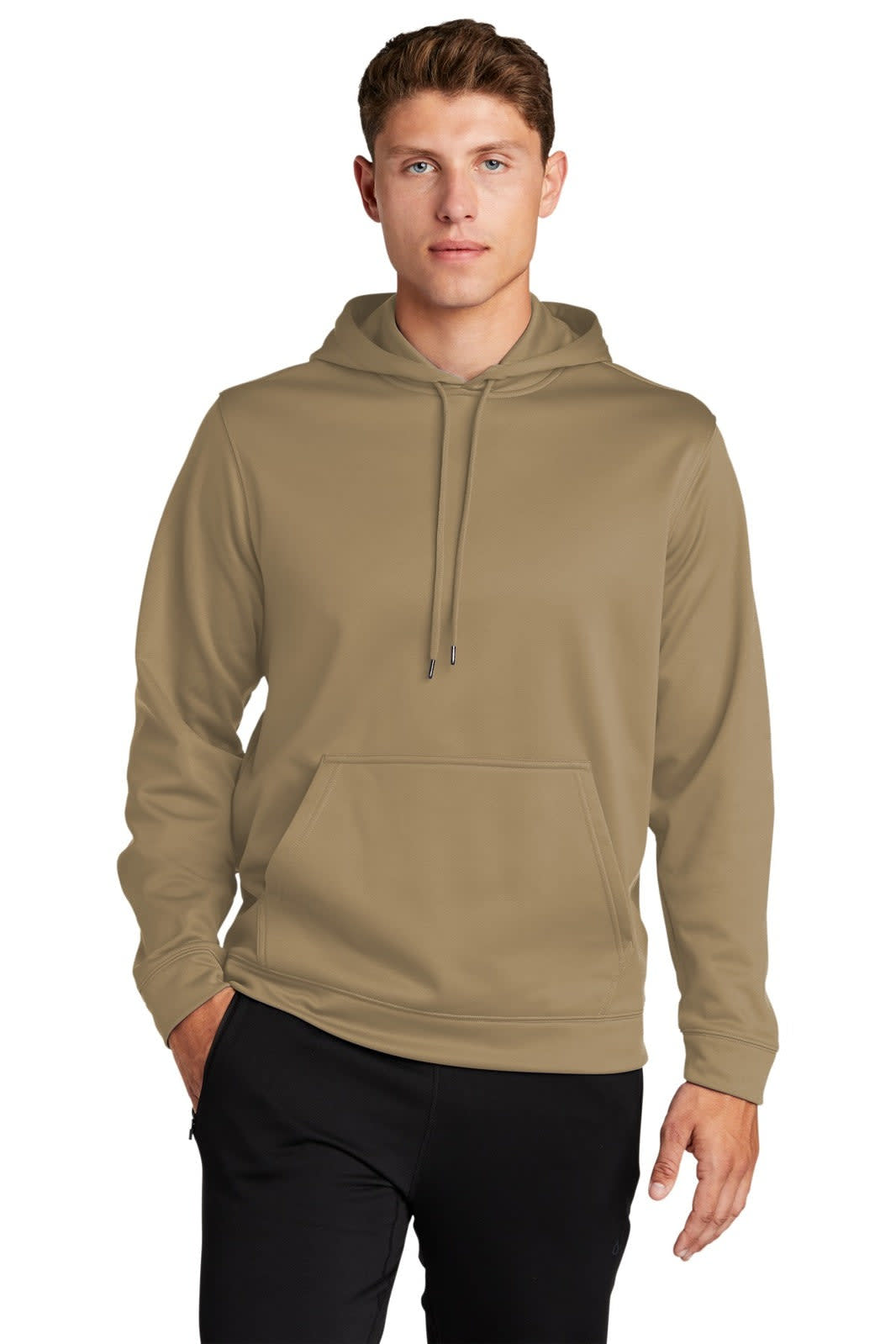 A hooded pullover in a tan colour, featuring a front pocket and a drawstring hood. It has a logo on it.
