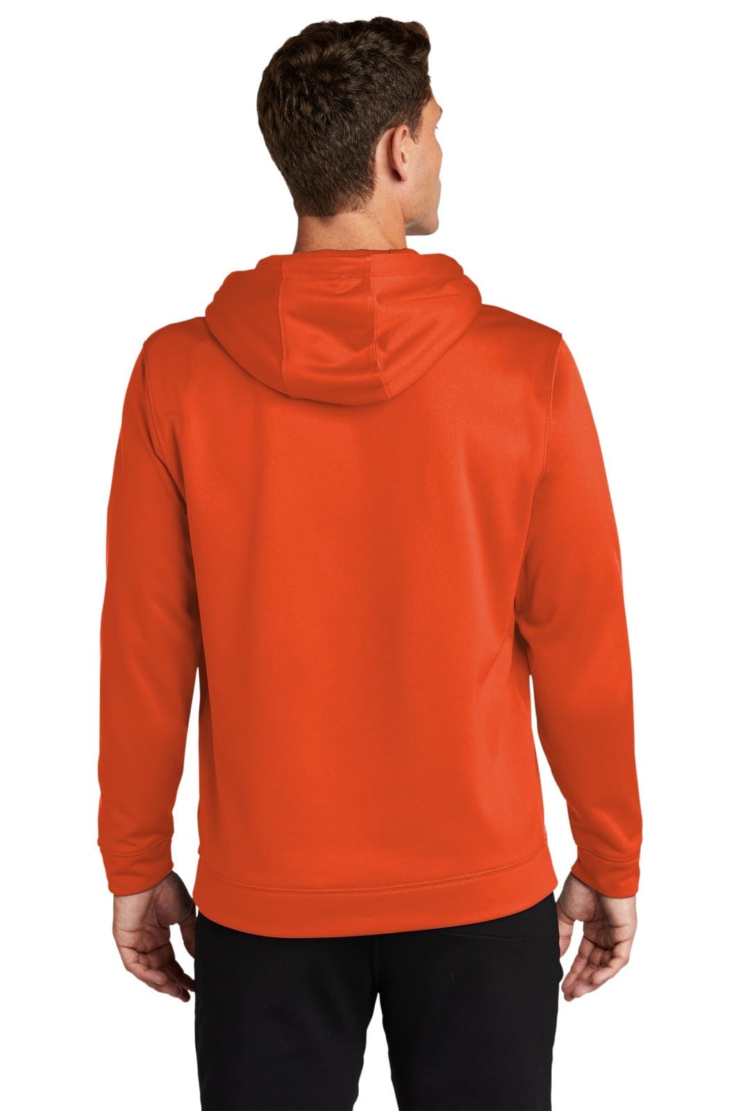 An orange hooded pullover viewed from the back, featuring a hood and long sleeves. The product has a logo on it.