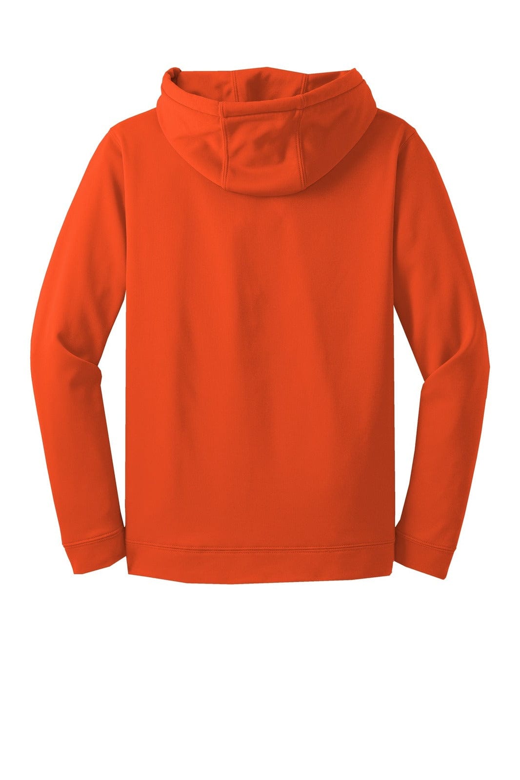 An orange Sport-Tek Sport-Wick fleece hooded pullover featuring a hood and long sleeves, with a logo present.