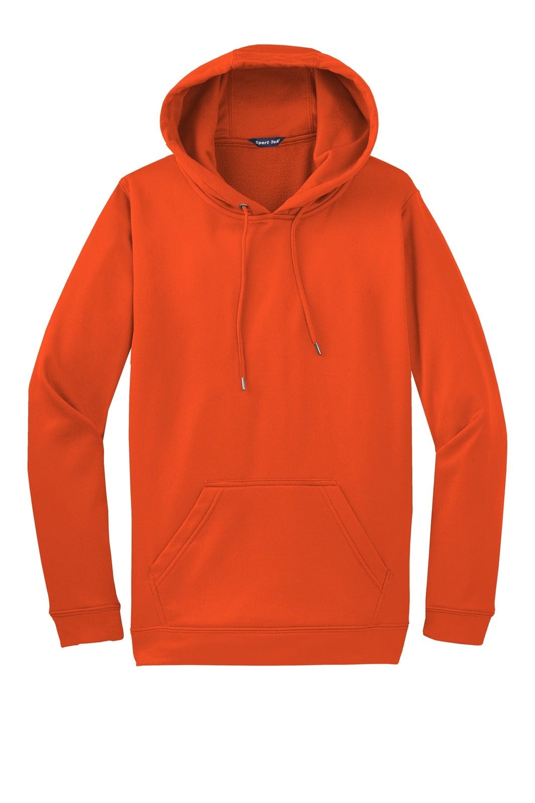 An orange hooded pullover with a front pocket and drawstring hood, featuring a small logo.
