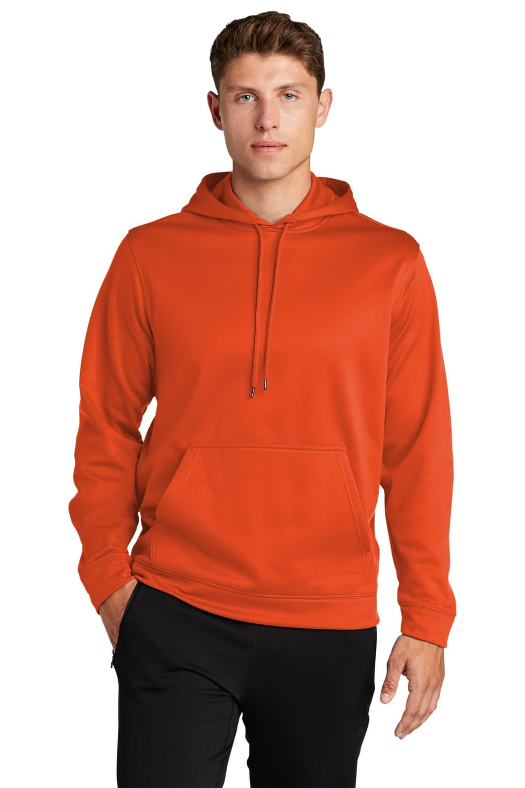 An orange Sport-Tek Sport-Wick fleece hooded pullover with a front pocket and drawstring hood.