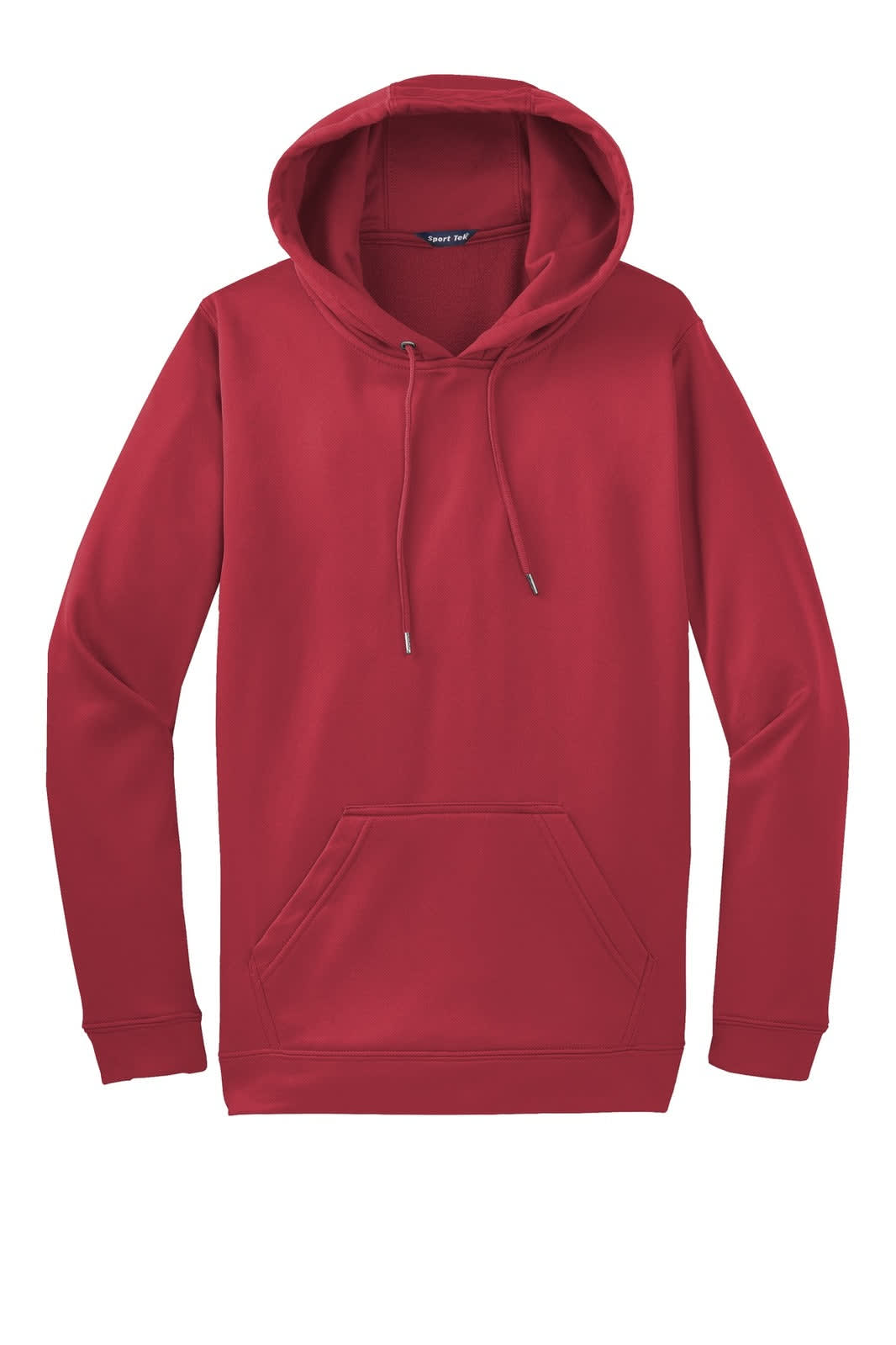 A red hooded pullover featuring a front pocket and drawstrings, made from Sport-Wick fleece with a branded logo.