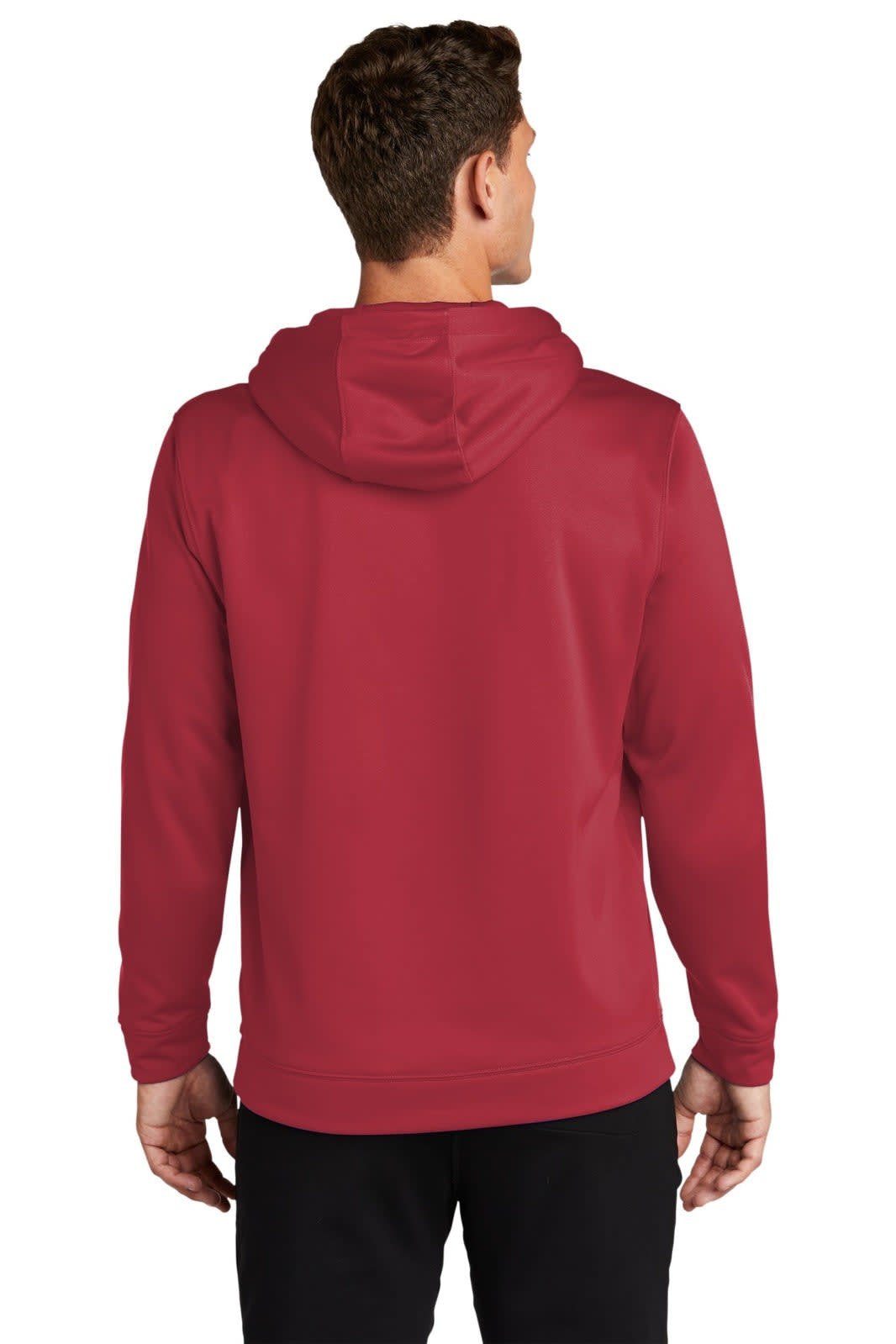 A red Sport-Tek Sport-Wick fleece hooded pullover with a back view, featuring a hood and a logo.