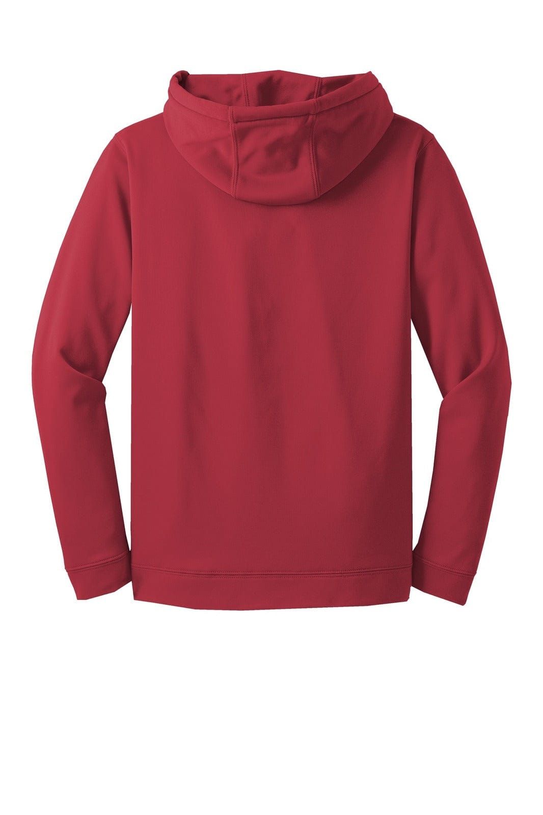 A red hooded pullover with long sleeves and a back view, featuring a logo.