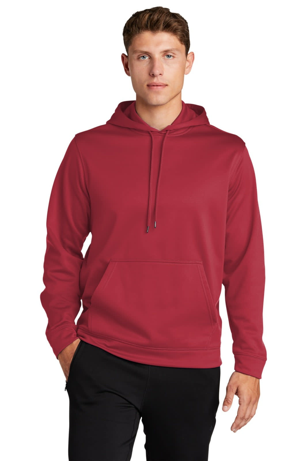 A red Sport-Tek Sport-Wick fleece hooded pullover with a front pocket and a drawstring hood.