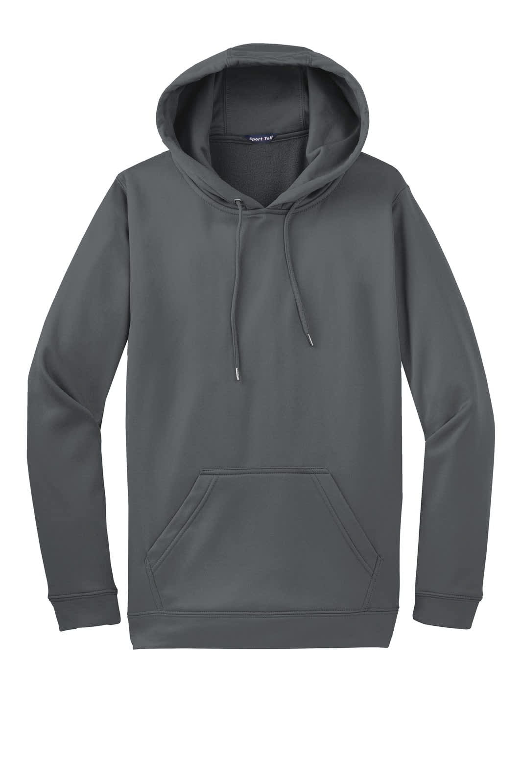 A grey hooded pullover with a front pocket and drawstring hood, featuring branding.