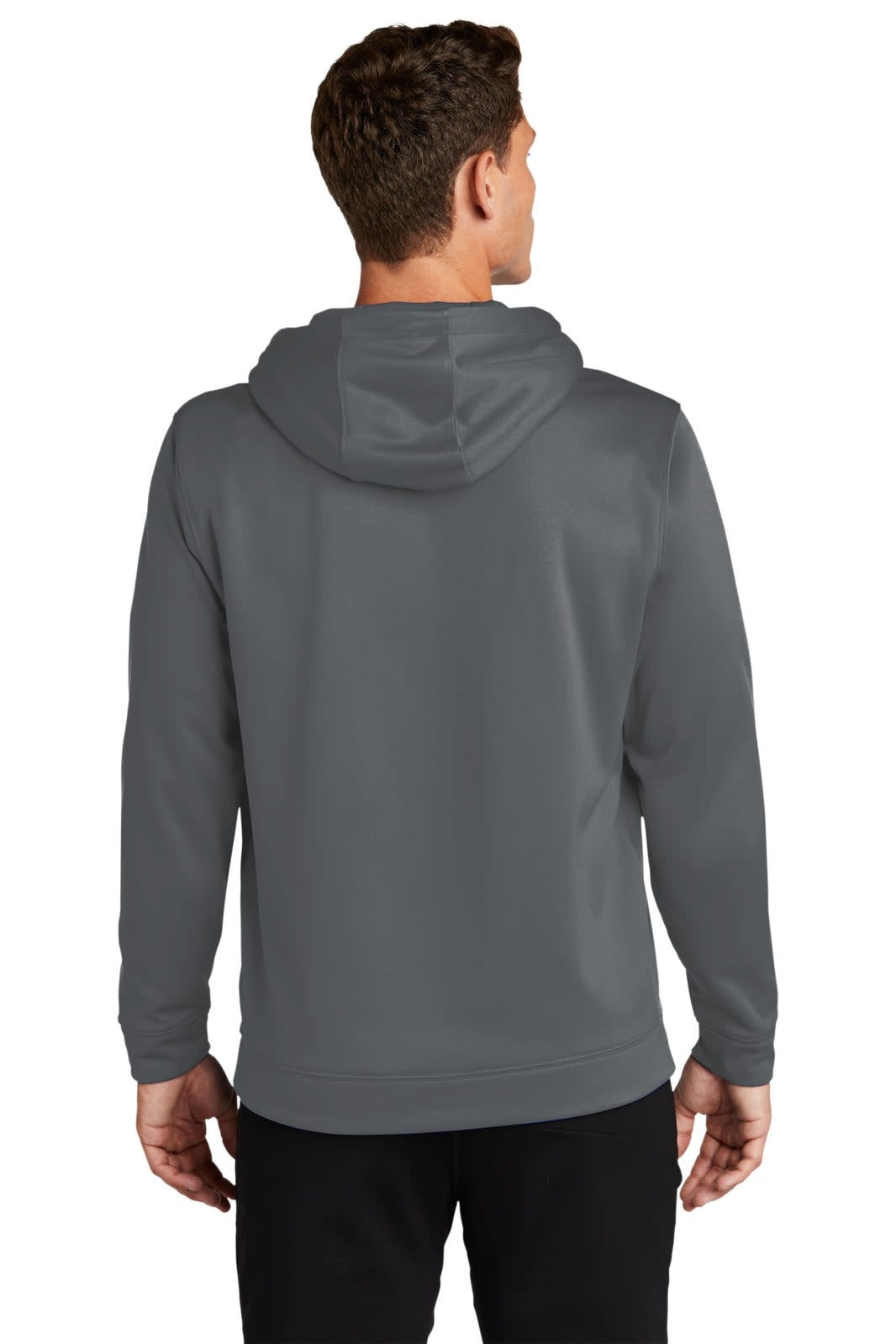 A grey hooded pullover with a smooth finish and a logo on the back, featuring long sleeves and a relaxed fit.