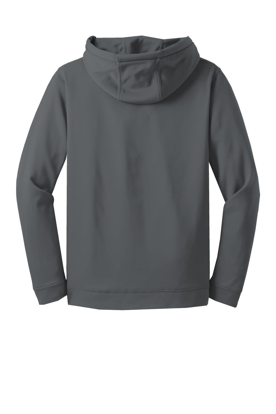 A grey Sport-Tek Sport-Wick fleece hooded pullover with a back view and a hood. Features a logo.