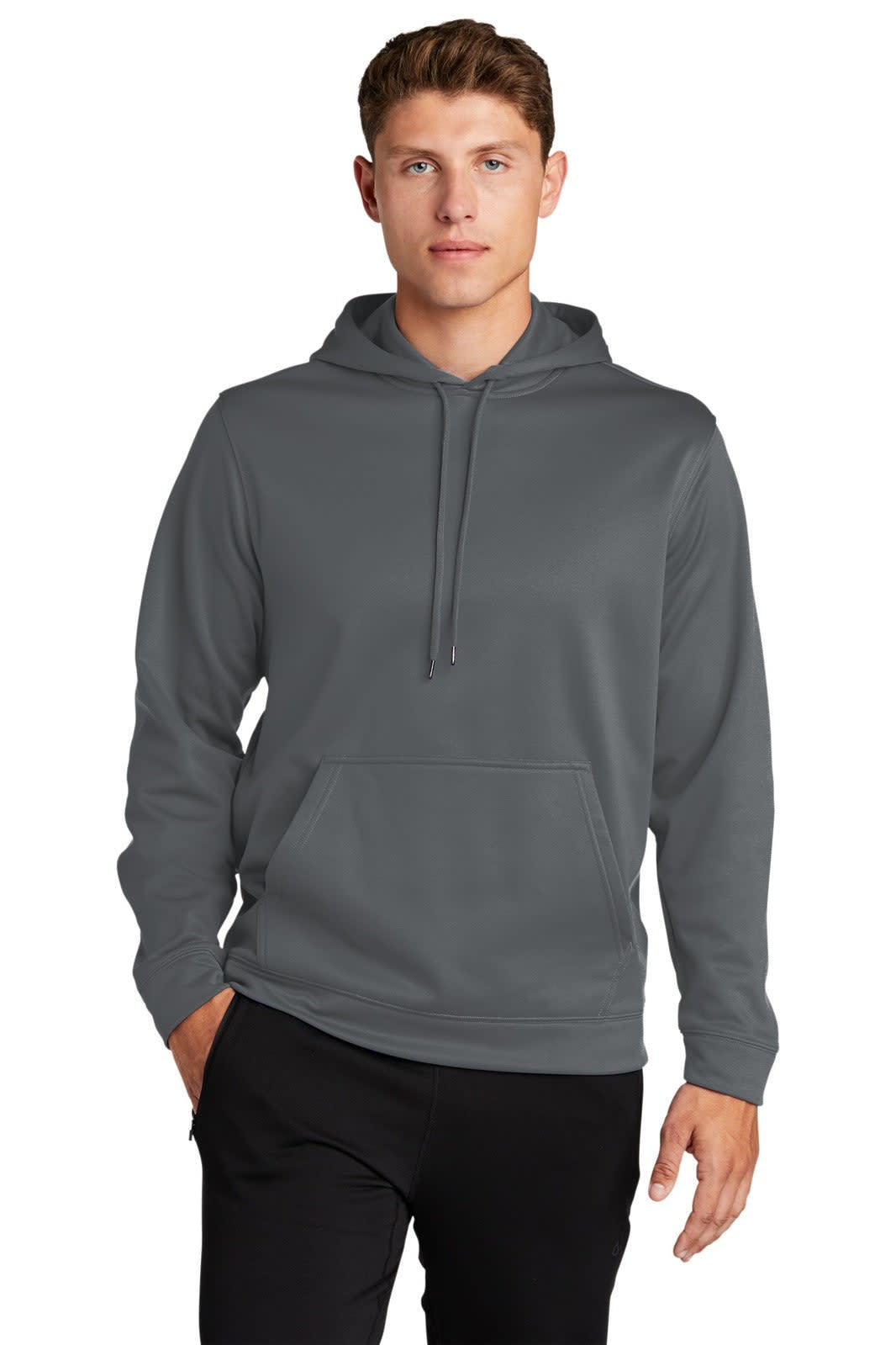A grey hooded pullover made of Sport-Wick fleece, featuring a front pocket and drawstring hood.