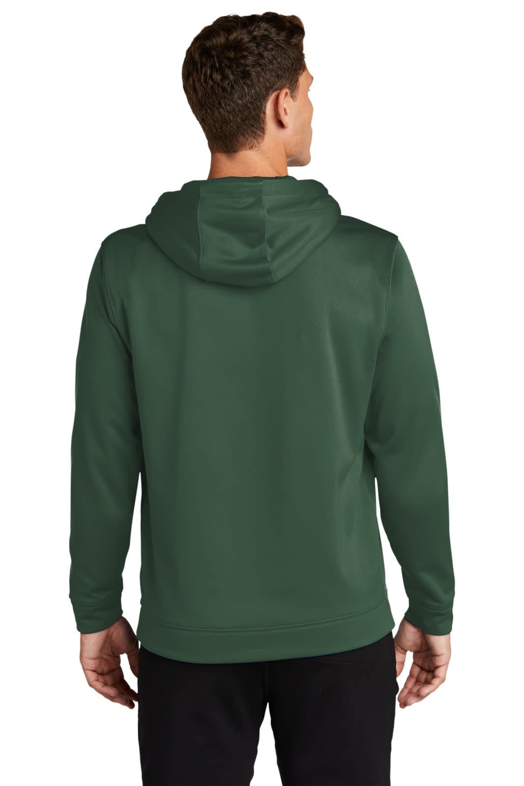 A green hooded pullover jumper made from Sport-Wick fleece, featuring a logo on the back.