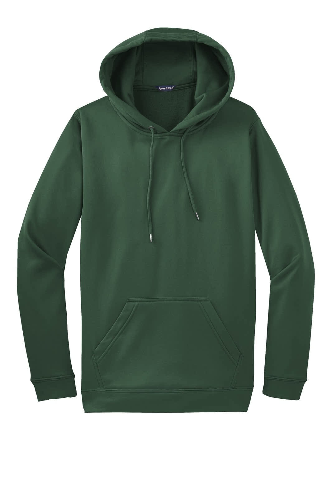 A green Sport-Tek Sport-Wick fleece hooded pullover with a front pocket and a drawstring hood.