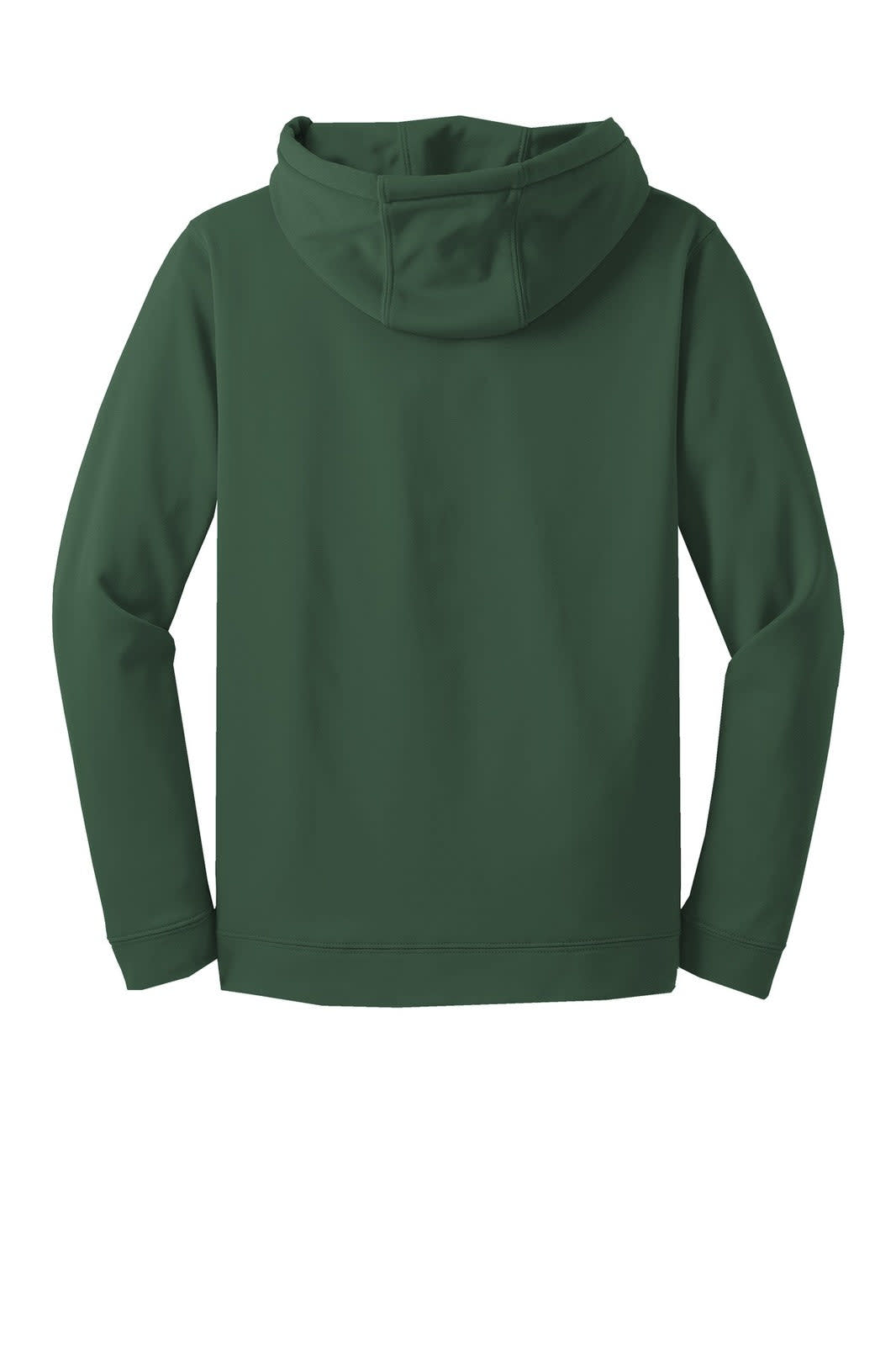 A dark green hooded pullover made of fleece, featuring a back view and a subtle logo.