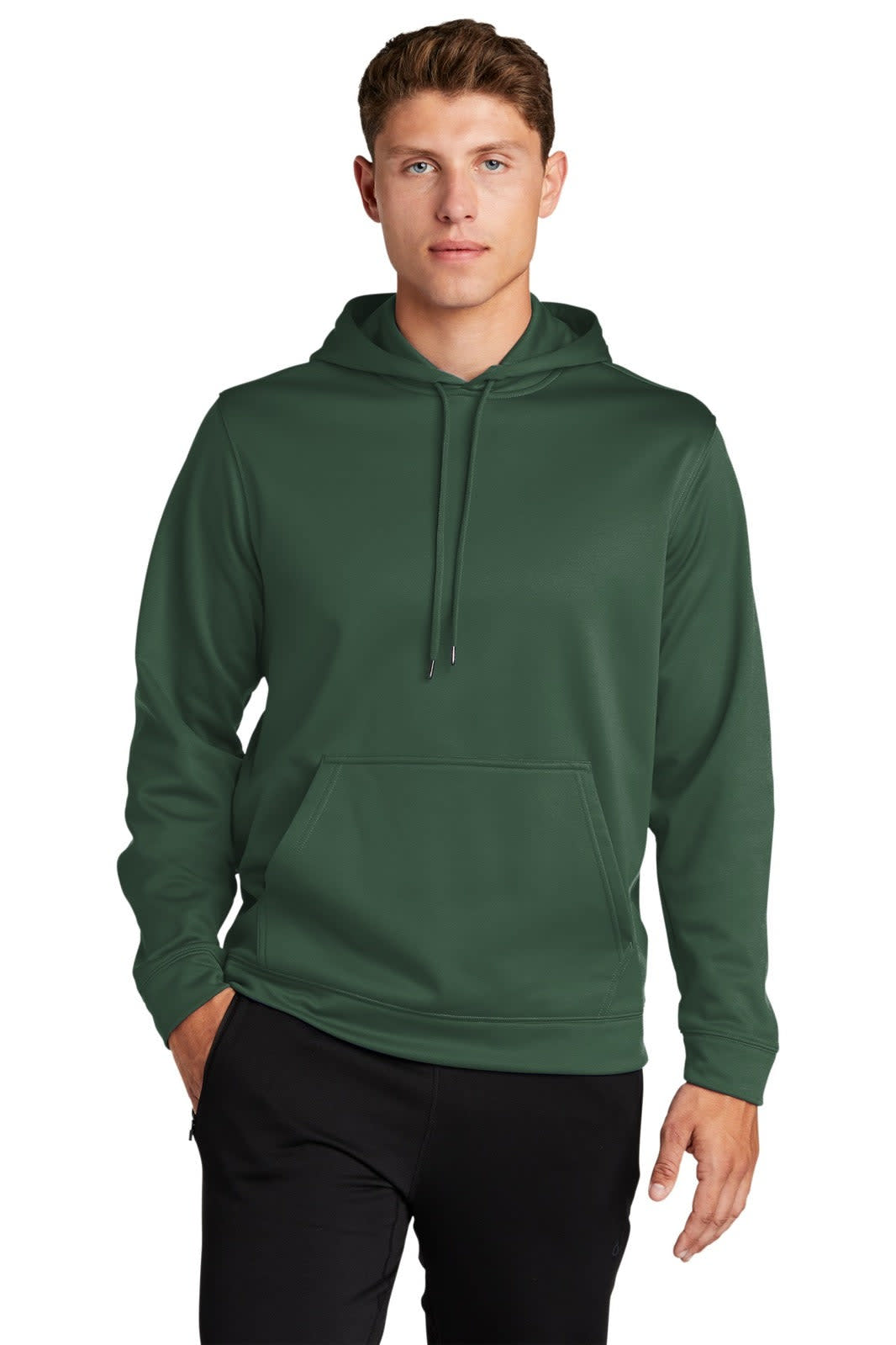 A green Sport-Tek Sport-Wick fleece hooded pullover featuring a front pocket and a logo.
