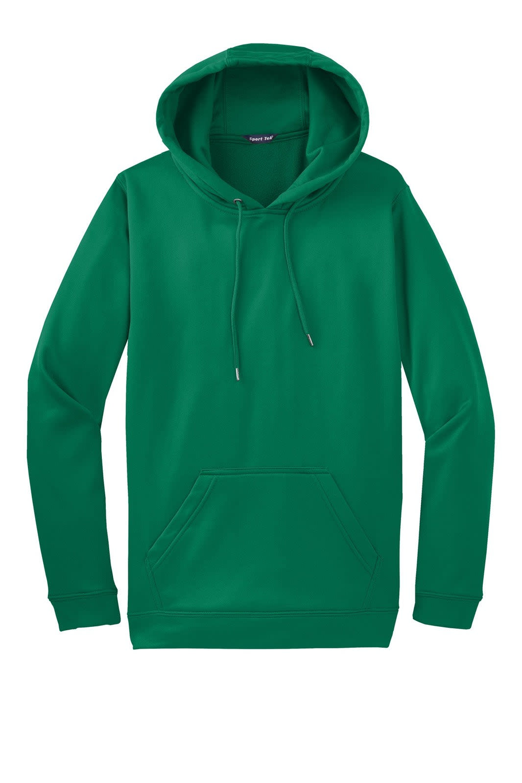 A green Sport-Tek Sport-Wick fleece hooded pullover with a front pocket and drawstrings on the hood.