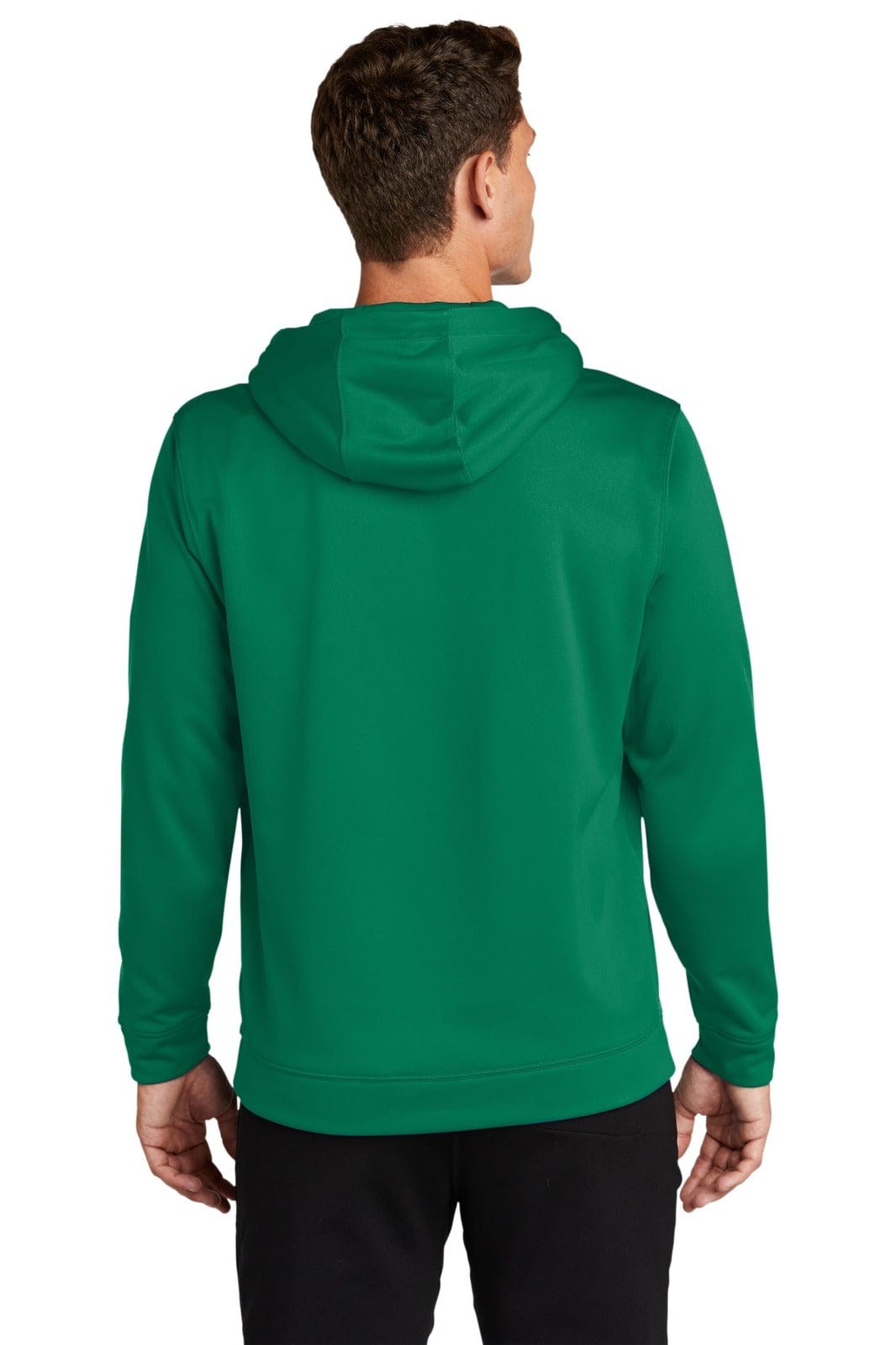 A green hooded pullover with a fleece texture, featuring a logo on the back.