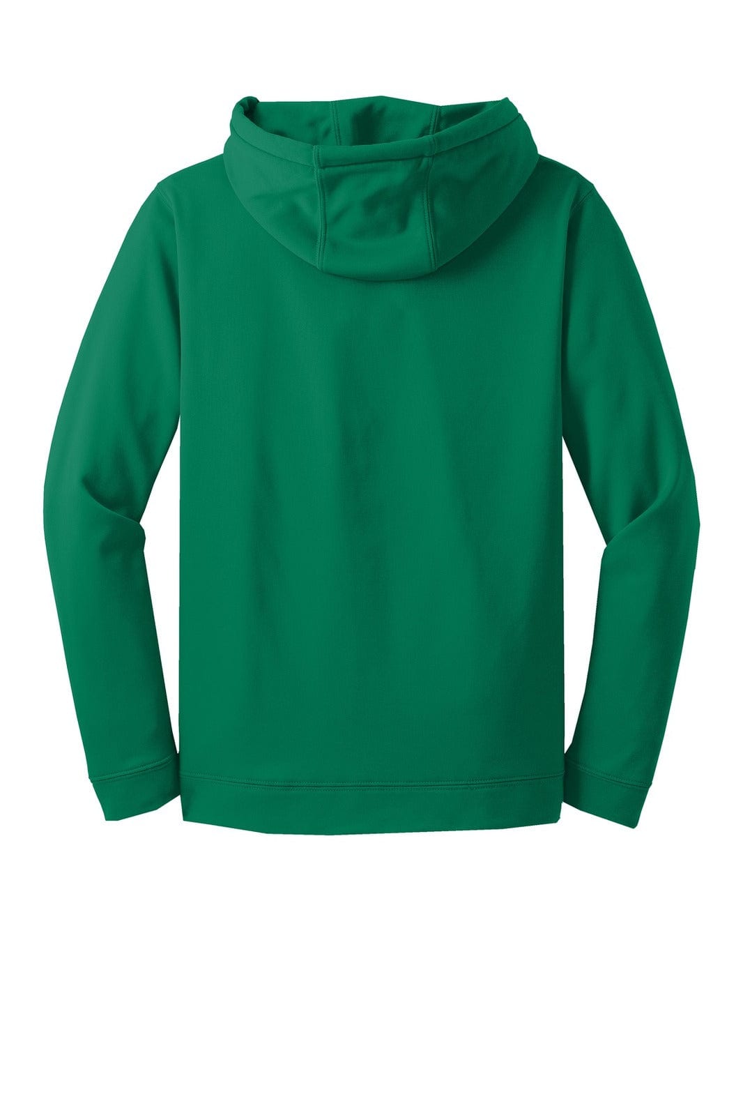A green hooded pullover made from fleece, featuring a back view and a spacious hood. Includes a logo.