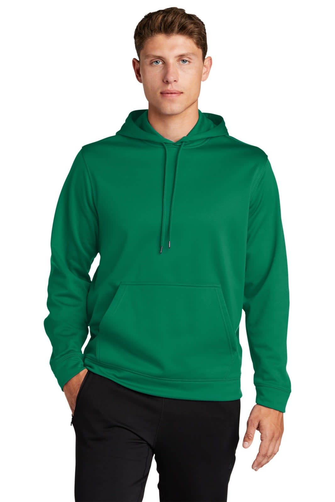 A green Sport-Tek Sport-Wick fleece hooded pullover with a front pocket and drawstring hood. It has a logo on the chest.