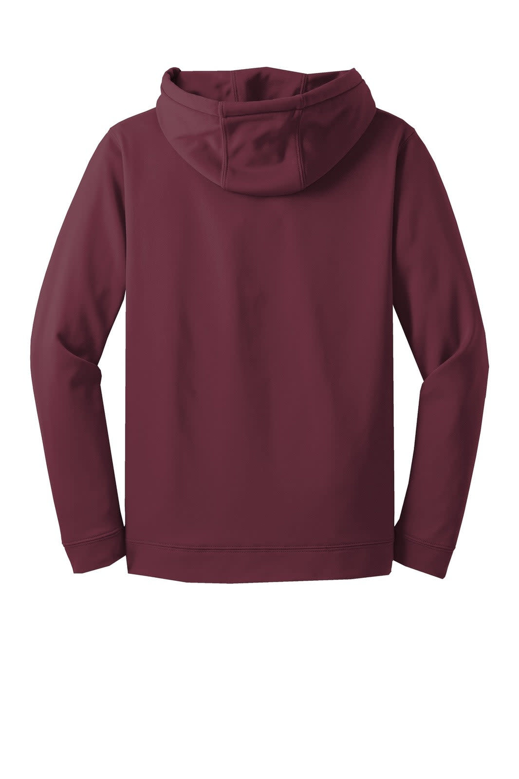 A maroon Sport-Tek Sport-Wick fleece hooded pullover with a back view, featuring a hood and long sleeves.