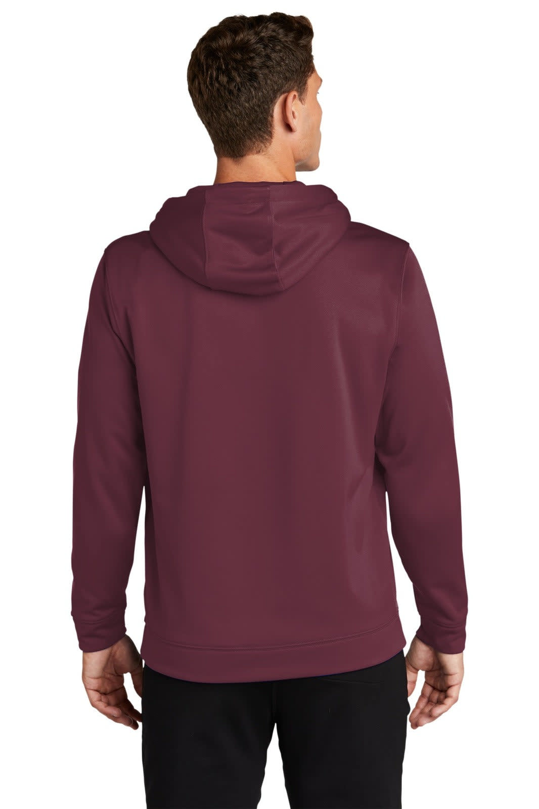 A maroon Sport-Tek Sport-Wick fleece hooded pullover with a logo on the back.