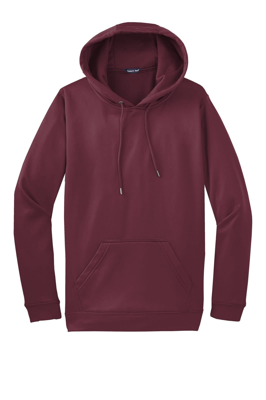 A maroon Sport-Tek Sport-Wick fleece hooded pullover with a front pocket and an attached hood.