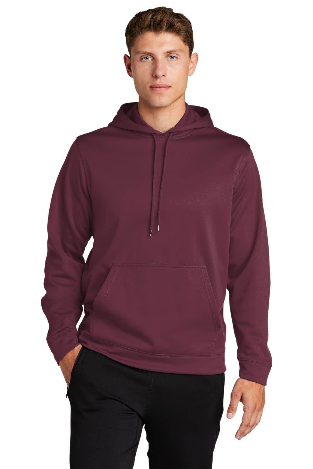 A maroon Sport-Tek Sport-Wick fleece hooded pullover with a front pocket and a hood. Features a logo.