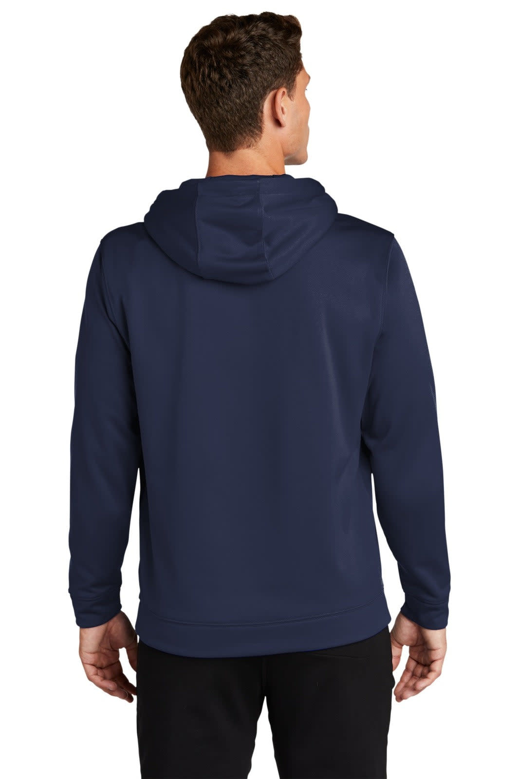 A navy blue hooded pullover featuring a logo, designed for a sporty look.