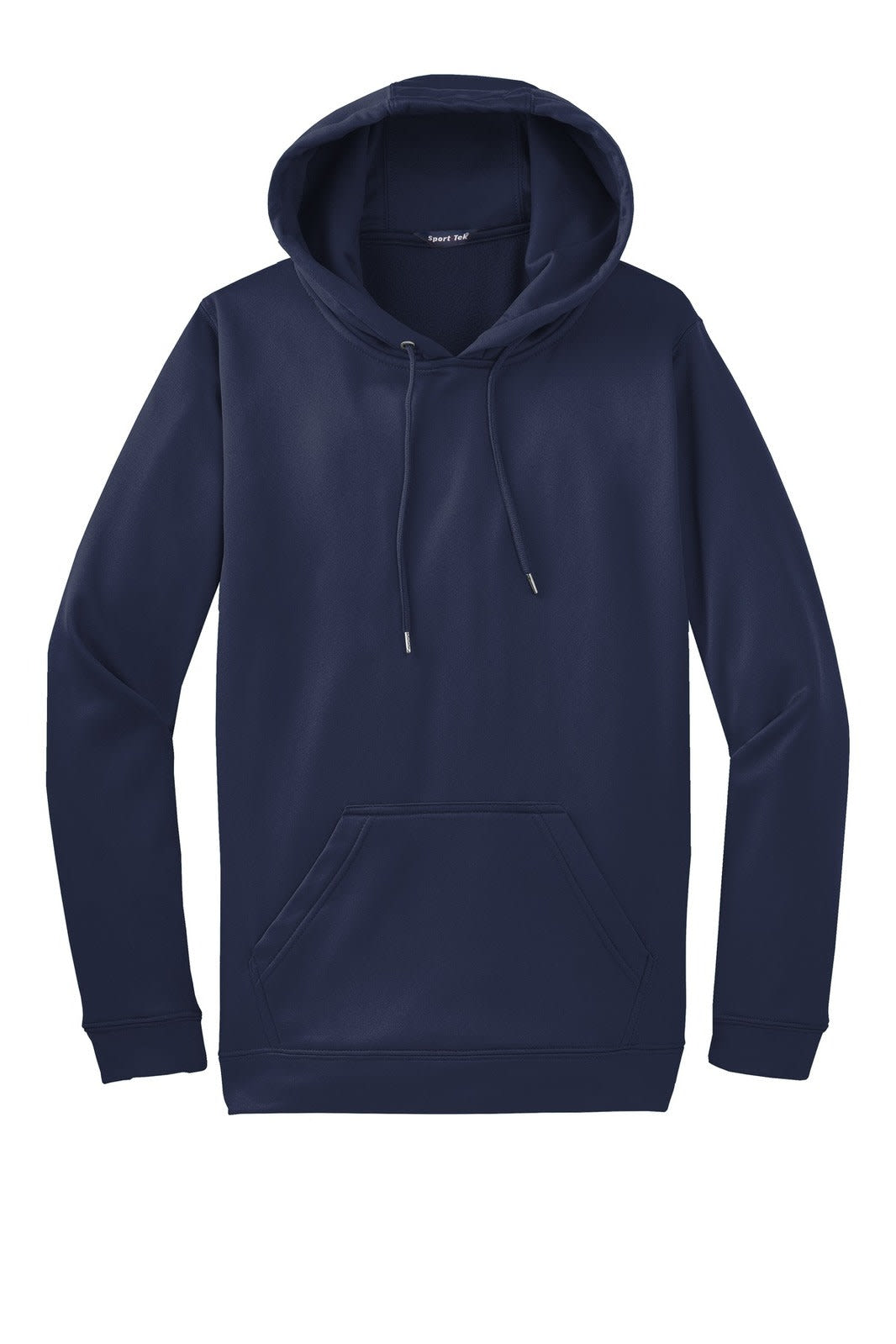 A navy hooded pullover made from Sport-Wick fleece featuring a front pocket and a drawstring hood.