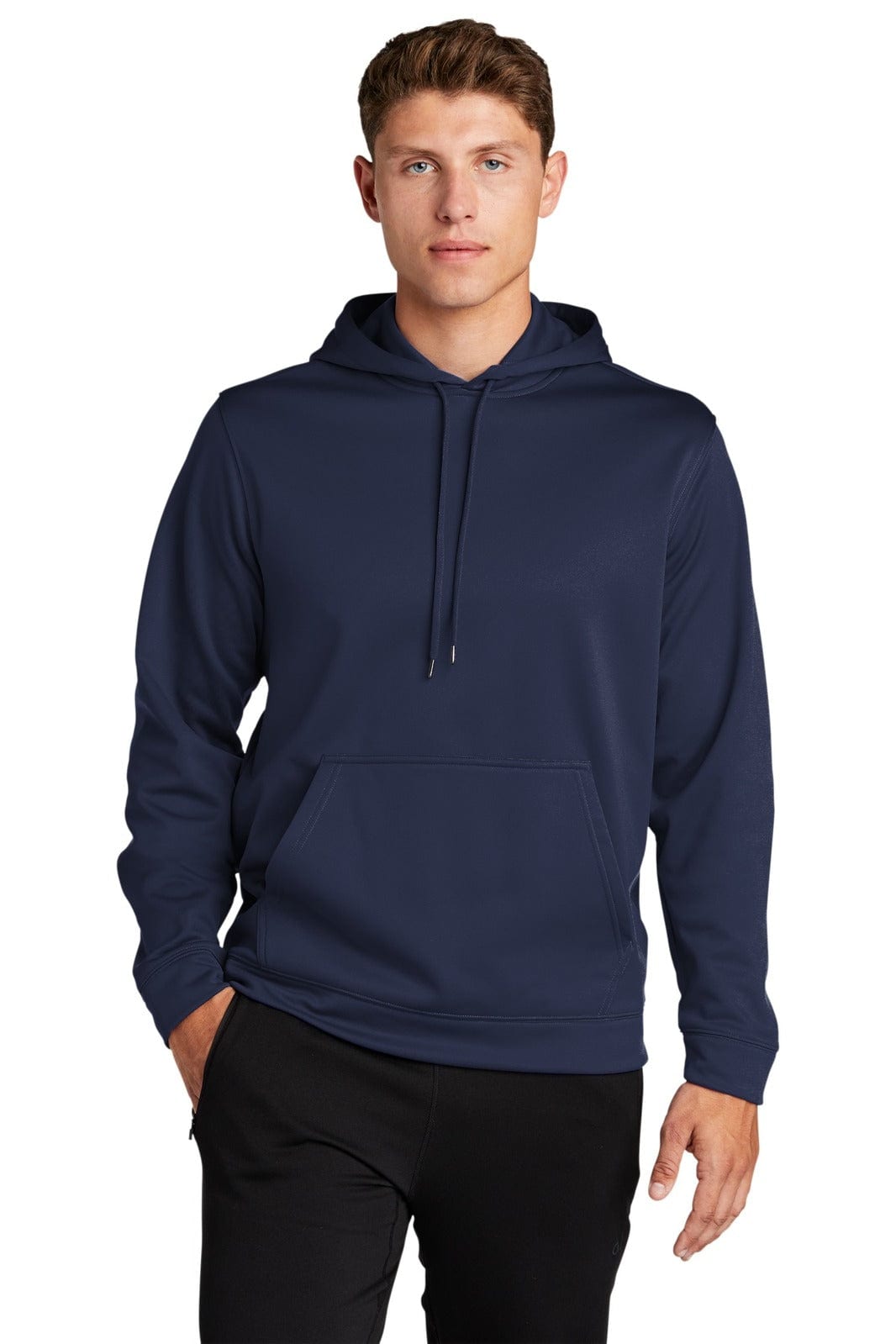 A navy blue hooded pullover made from Sport-Wick fleece, featuring a front pocket and a logo.