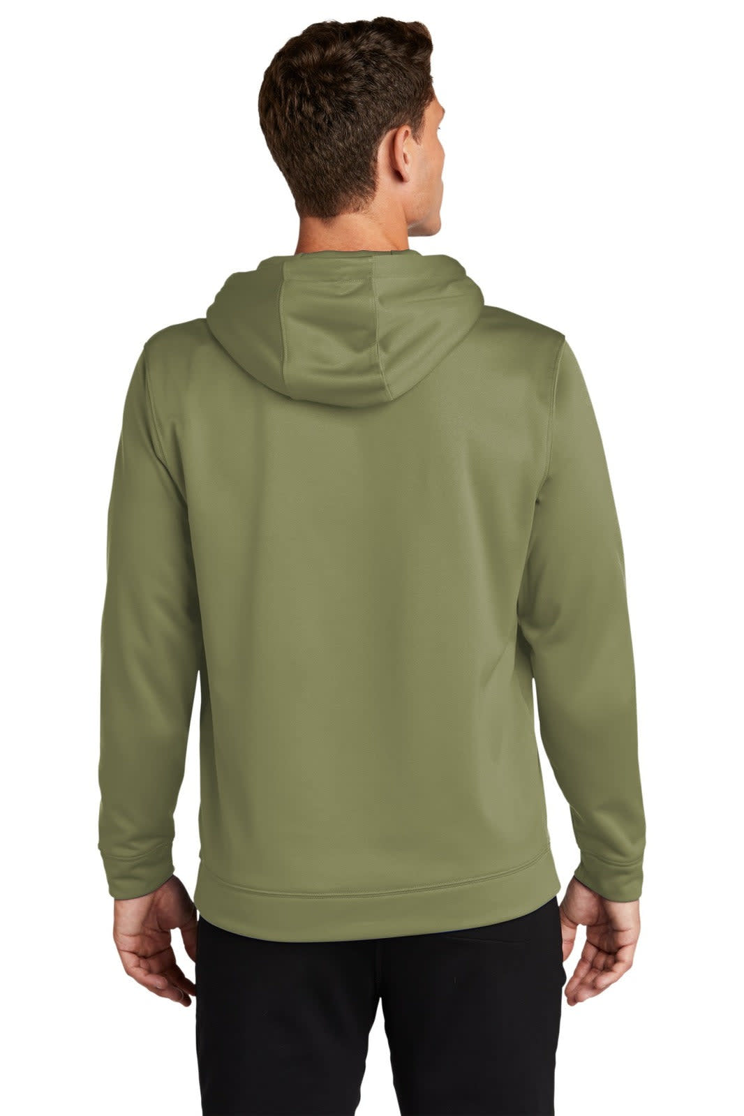A man wearing an olive green Sport-Tek Sport-Wick fleece hooded pullover from the back. Features a hood.