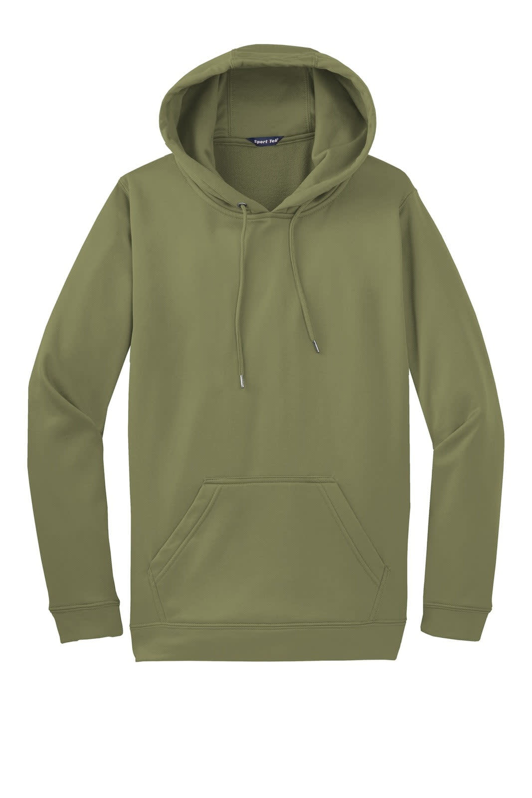 A green hooded pullover featuring a front pocket and drawstring hood, with a logo on the front.