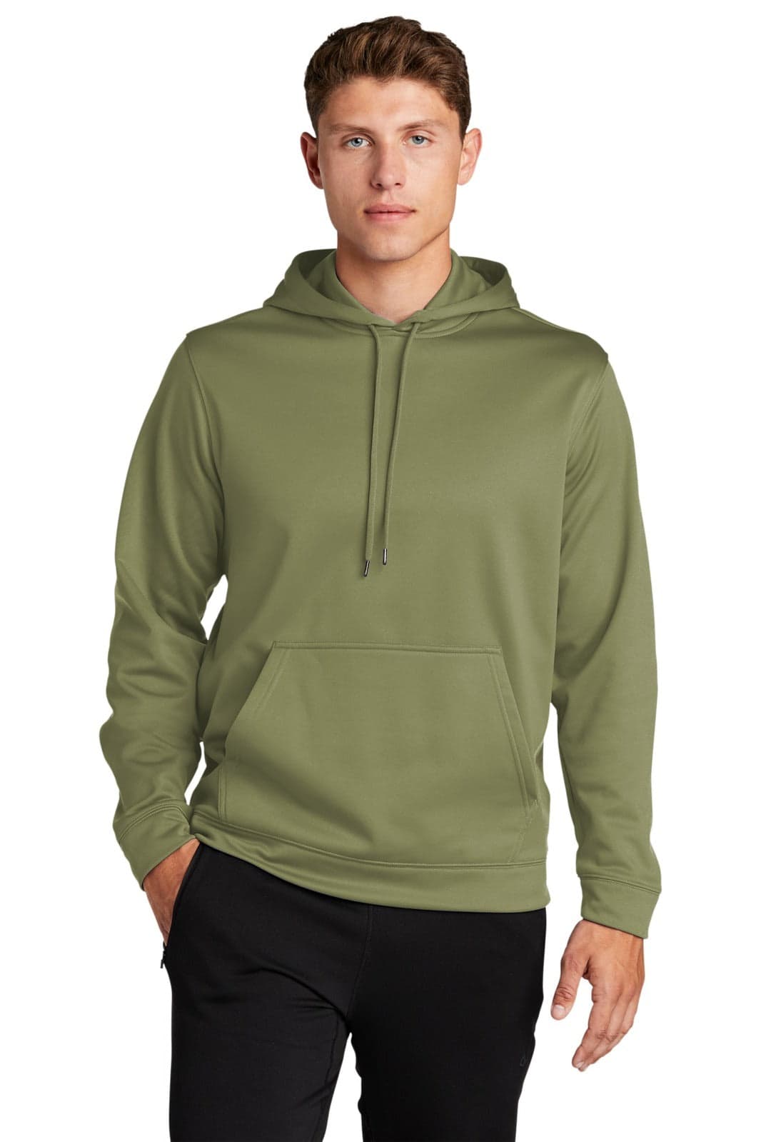 An olive green Sport-Tek Sport-Wick fleece hooded pullover, featuring a front pocket and a hood.