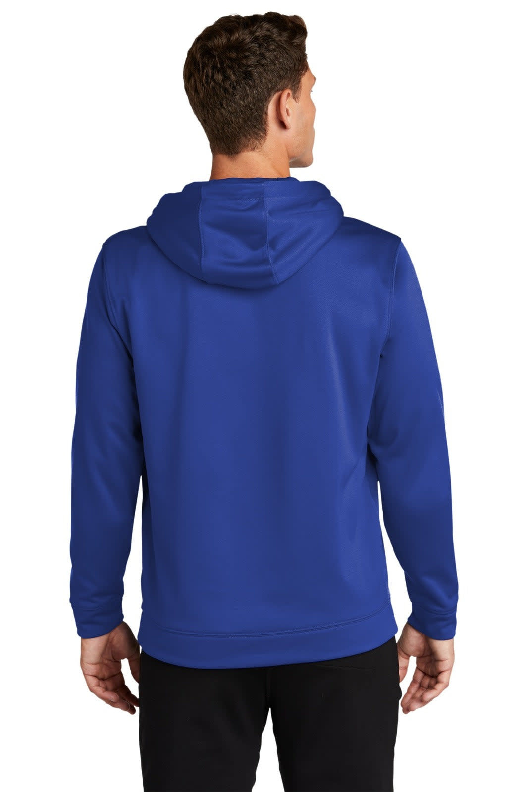 A man wearing a blue Sport-Tek Sport-Wick fleece hooded pullover, viewed from the back. The pullover has a hood.