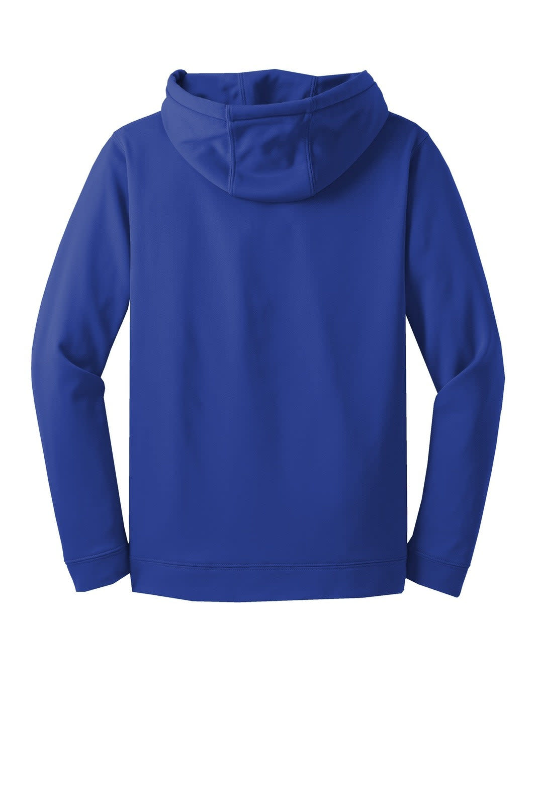 A blue hooded pullover made from Sport-Wick fleece, featuring a logo on the back.