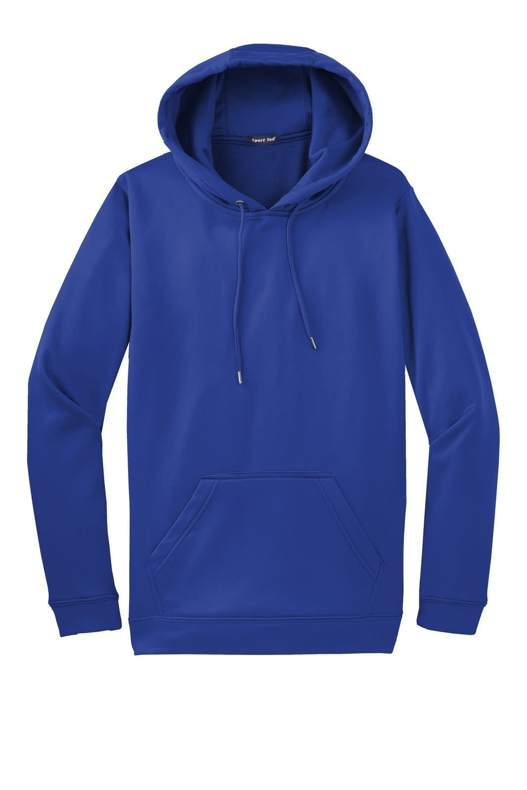 A blue Sport-Tek Sport-Wick fleece hooded pullover with a front pocket and drawstring hood.
