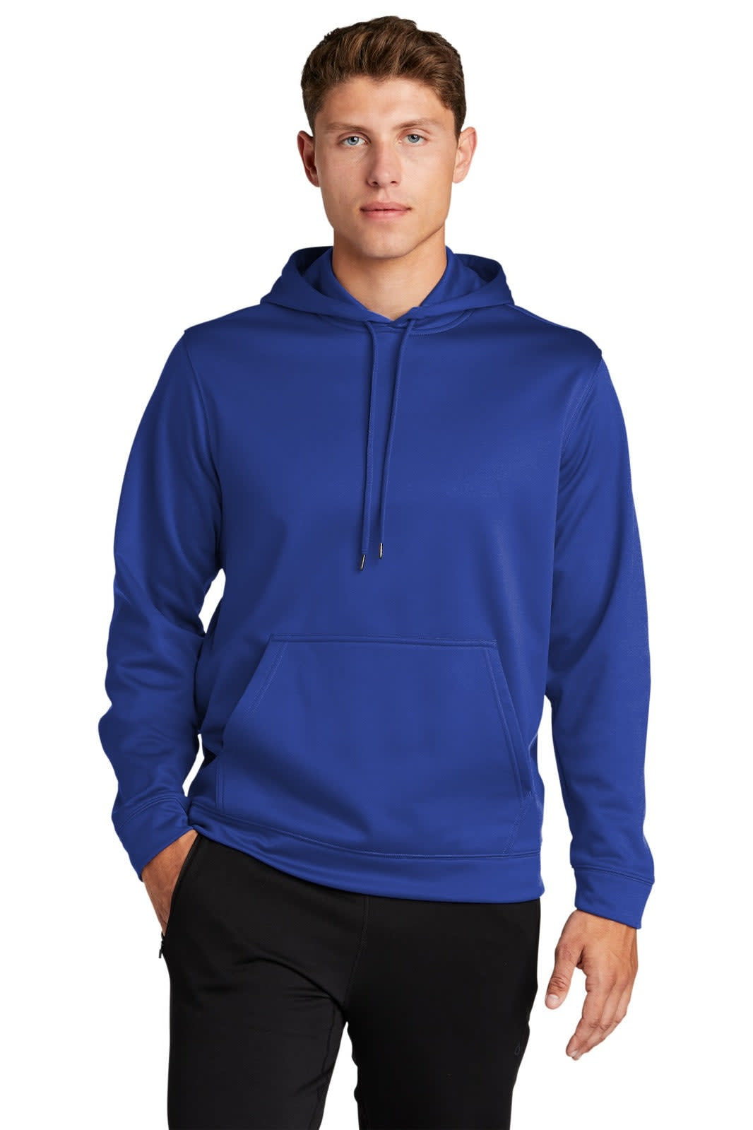 A blue Sport-Tek Sport-Wick fleece hooded pullover with a front pocket and a logo on the chest.